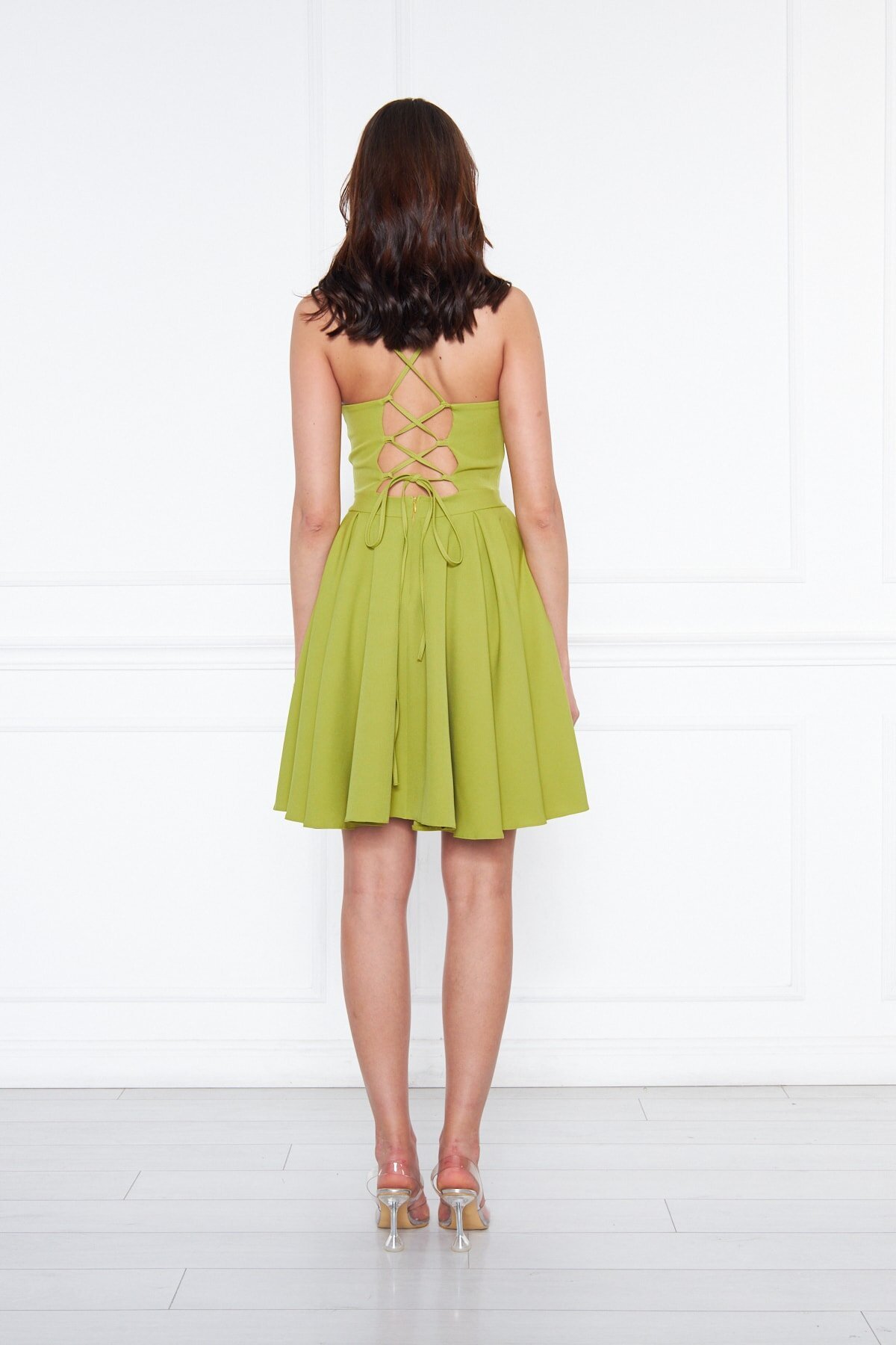 Mini Flared Pleated Tie-Back Midriff Cut-out Evening Dress - Pistachio Green - Bidoluelbise