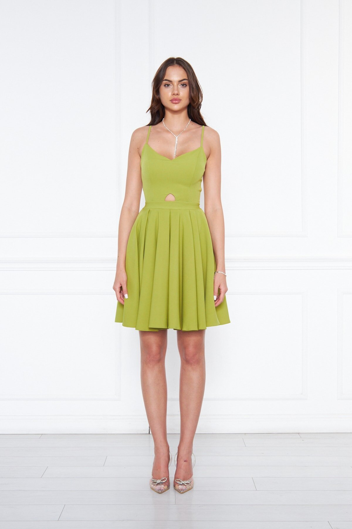 Mini Flared Pleated Tie-Back Midriff Cut-out Evening Dress - Pistachio Green - Bidoluelbise