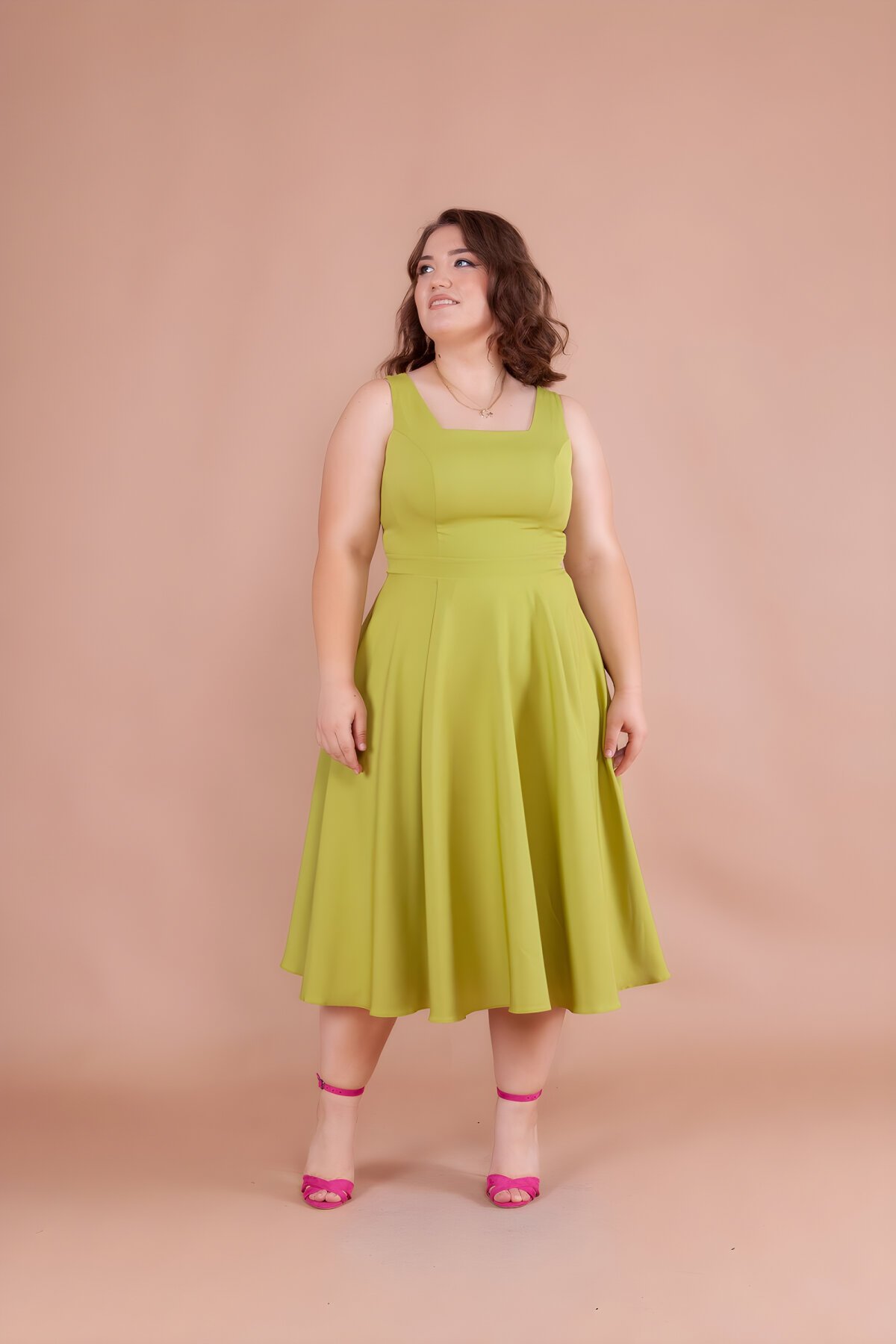 Midi Plus Size Square Neck Dress - Pistachio Green - Bidoluelbise