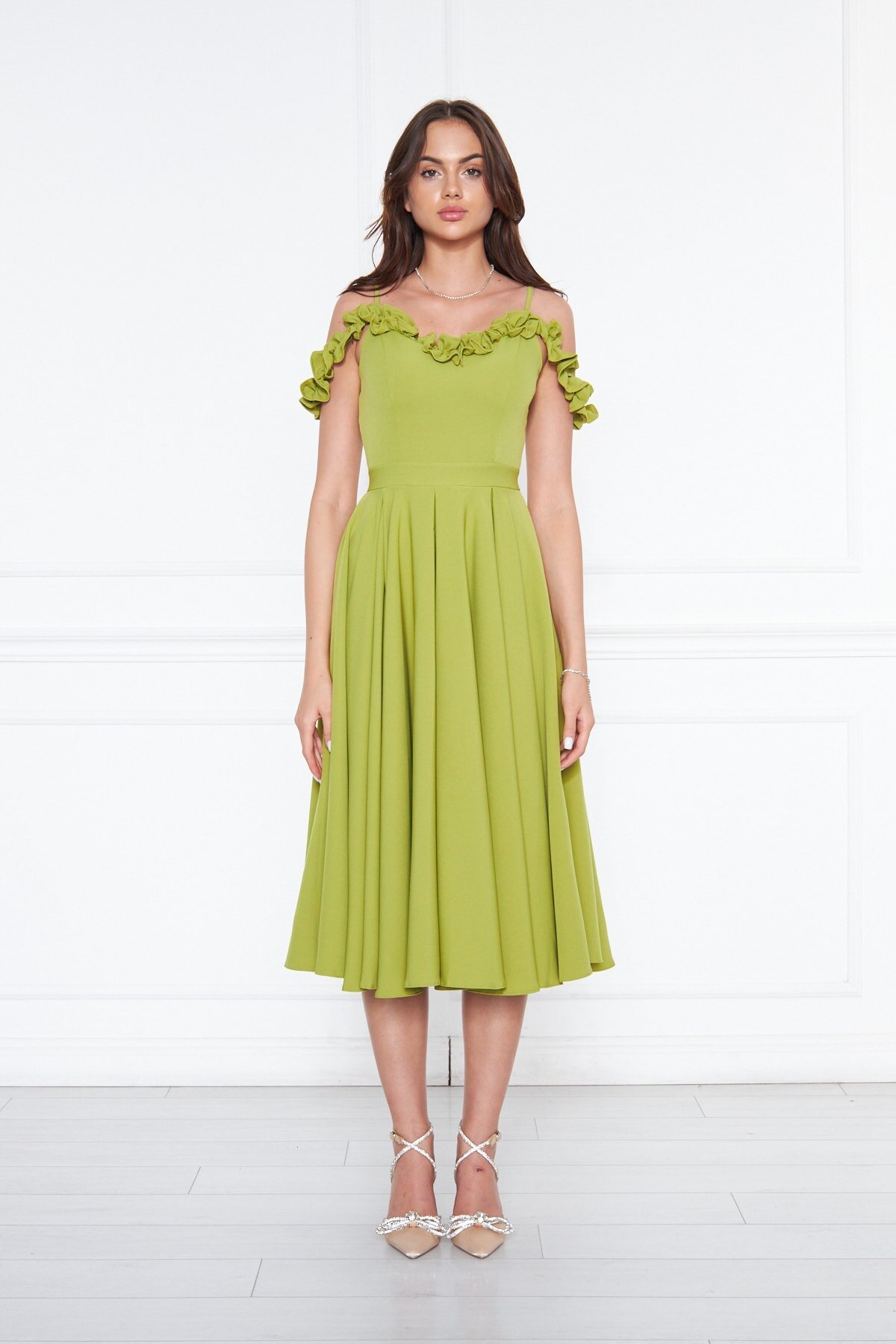 Midi Flared Pleated Adjustable Strap Evening Dress - Pistachio Green - Bidoluelbise