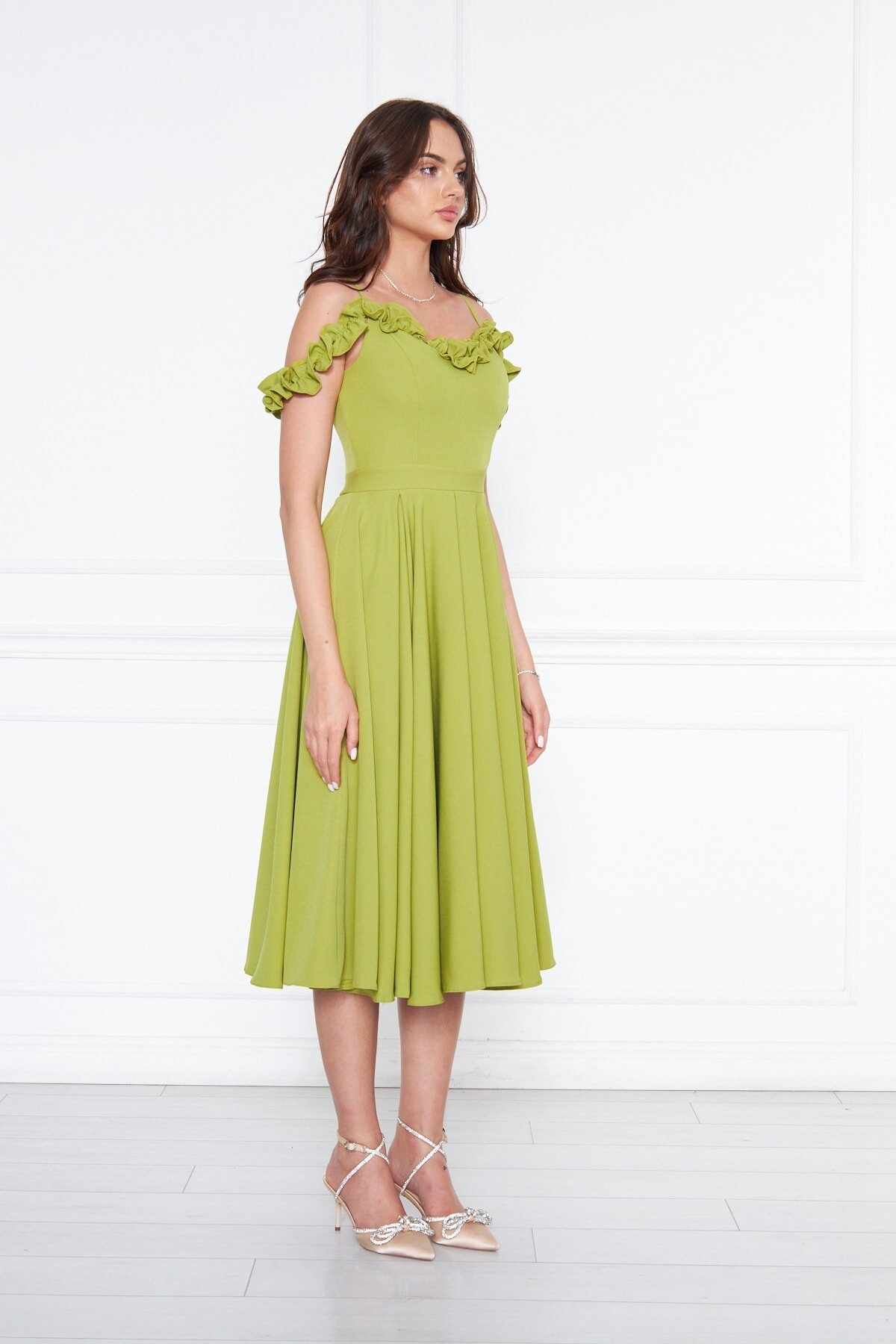 Midi Flared Pleated Adjustable Strap Evening Dress - Pistachio Green - Bidoluelbise