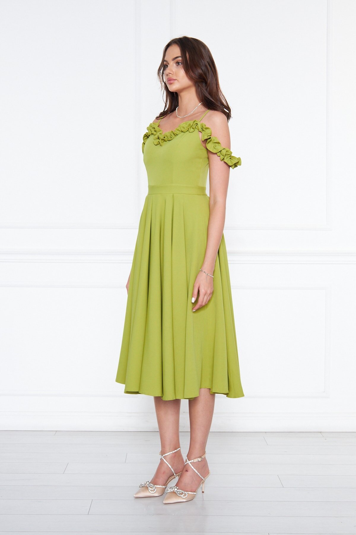 Midi Flared Pleated Adjustable Strap Evening Dress - Pistachio Green - Bidoluelbise
