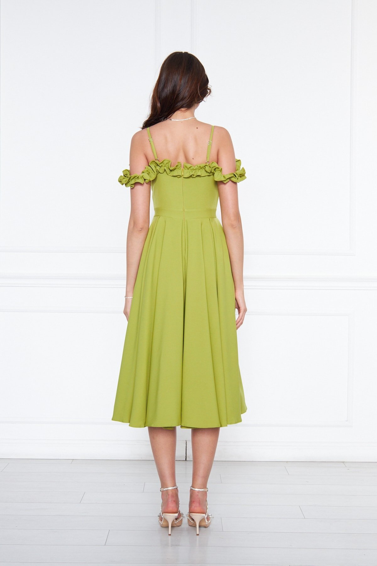 Midi Flared Pleated Adjustable Strap Evening Dress - Pistachio Green - Bidoluelbise