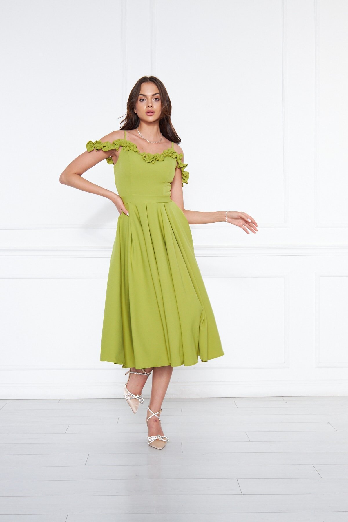 Midi Flared Pleated Adjustable Strap Evening Dress - Pistachio Green - Bidoluelbise