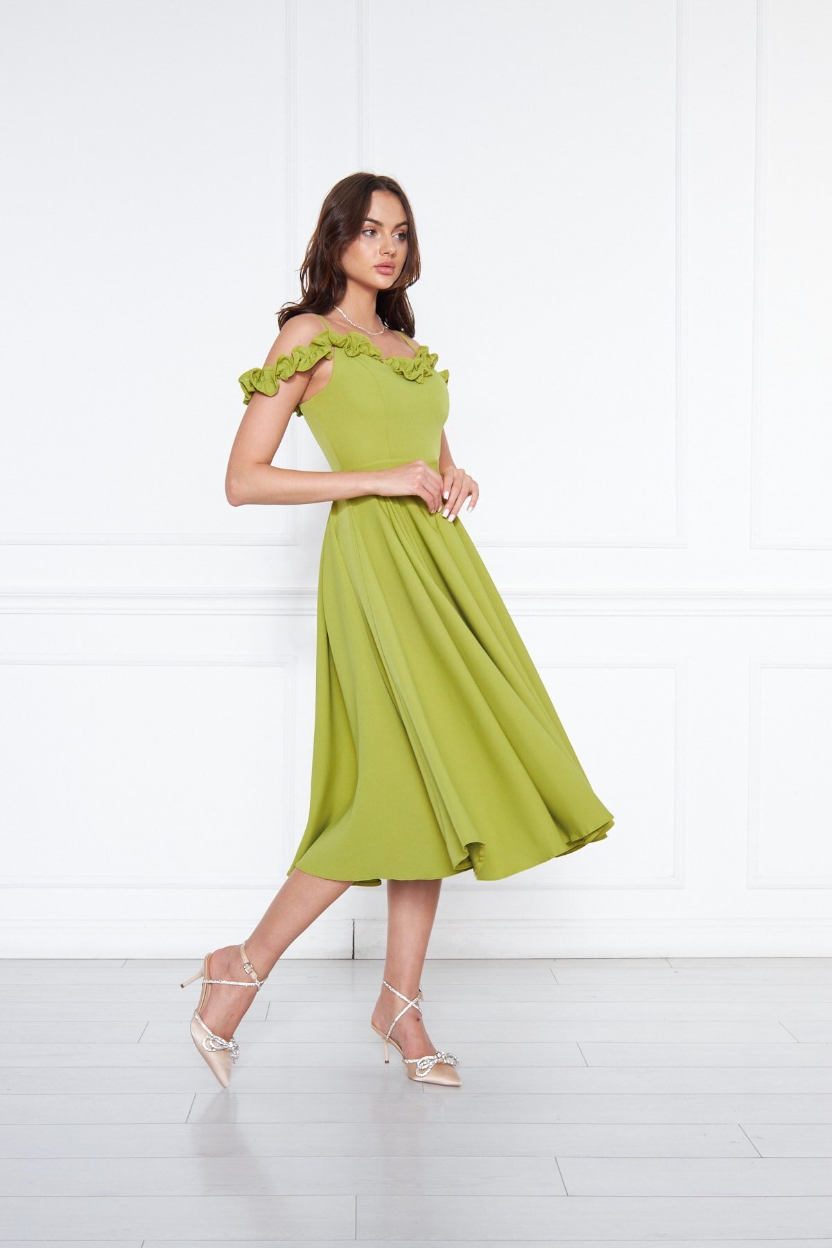 Midi Flared Pleated Adjustable Strap Evening Dress - Pistachio Green - Bidoluelbise