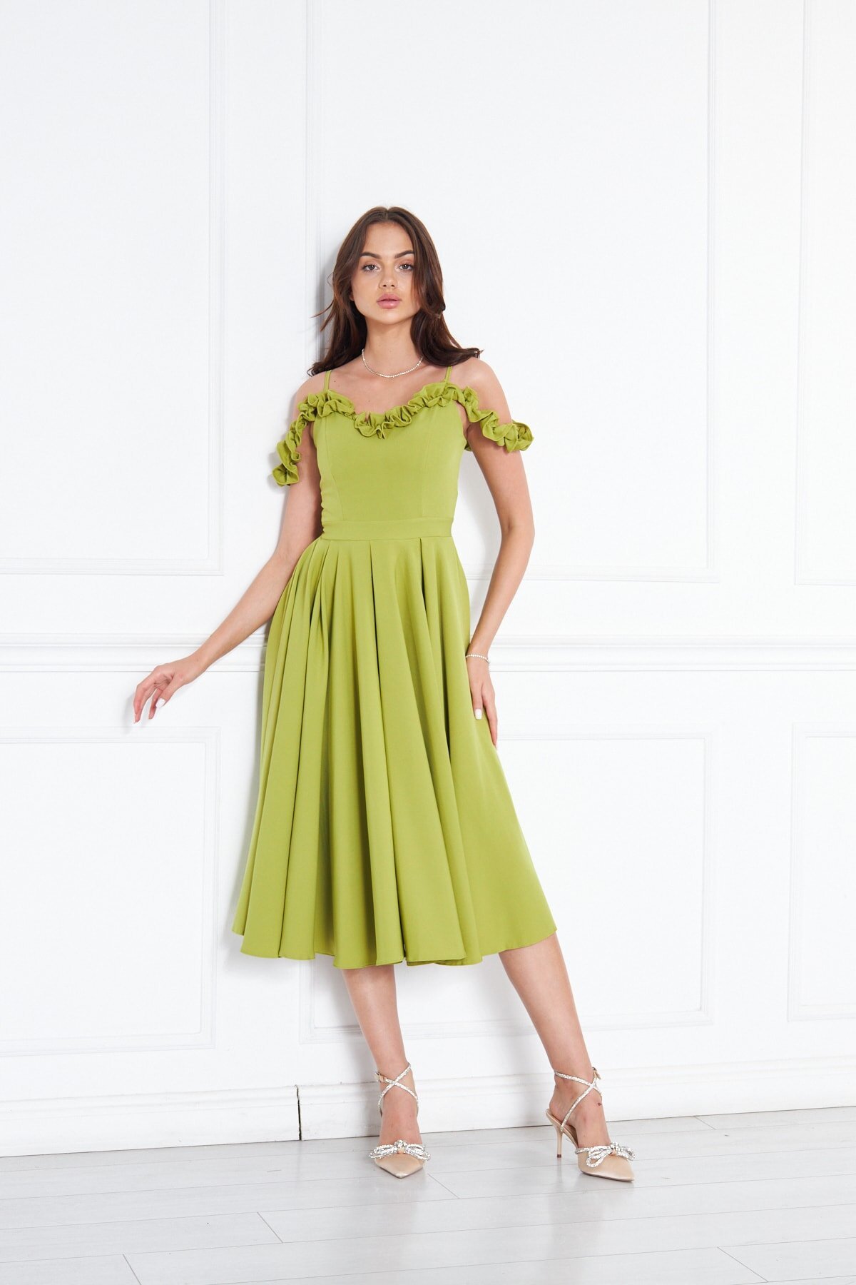 Midi Flared Pleated Adjustable Strap Evening Dress - Pistachio Green - Bidoluelbise