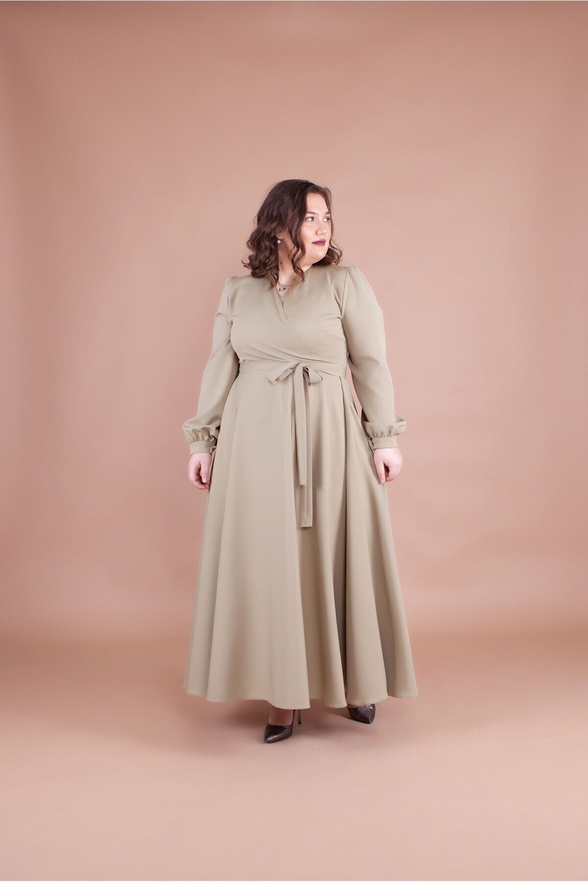 Fıstık Yeşili Soft Yeşil Büyük Beden Uzun Elbise - Bidoluelbise