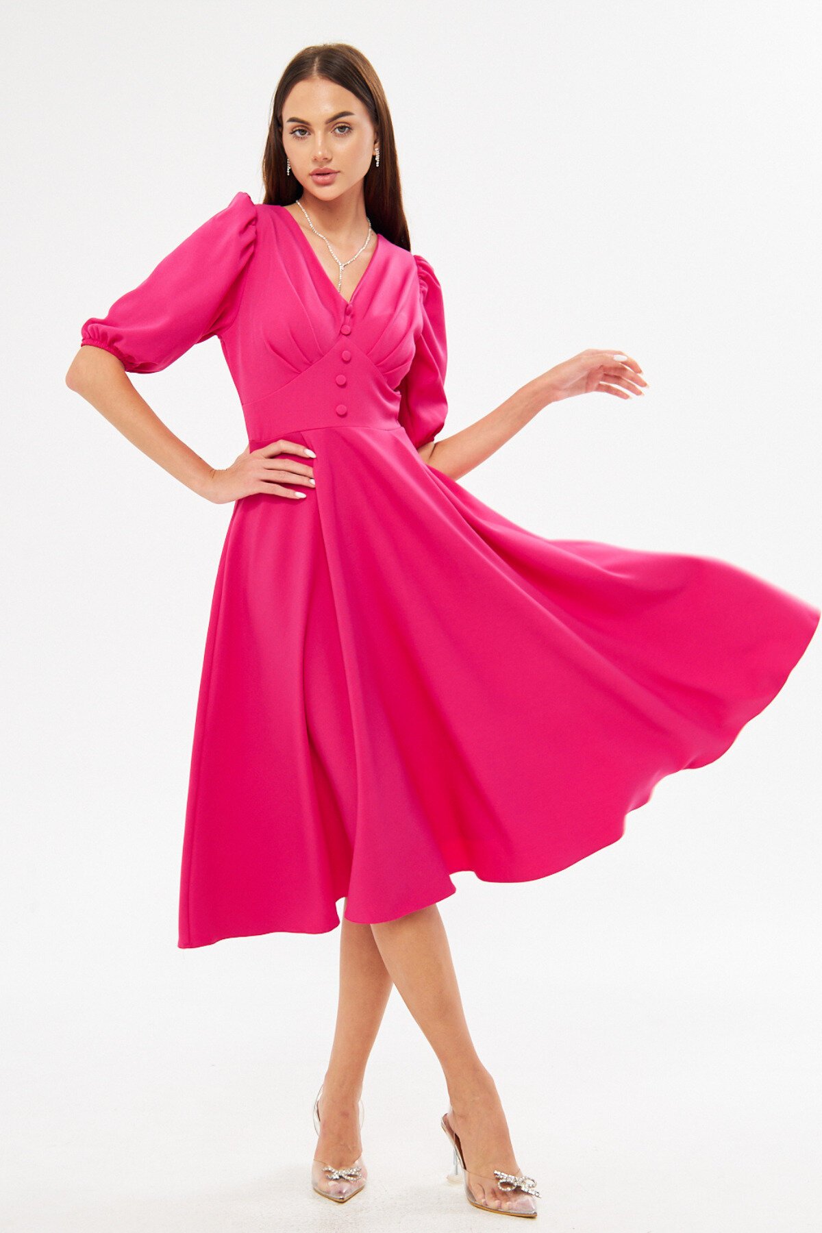 Fuşya Midi Balon Kol V Yaka Korsaj Kemer Detaylı Dokuma Elbise - Bidoluelbise