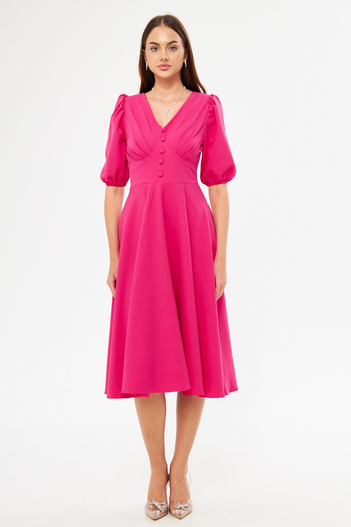 Midi V-Neck Balloon Sleeve Woven Corset Belt Detail Dress - Fuchsia - Bidoluelbise