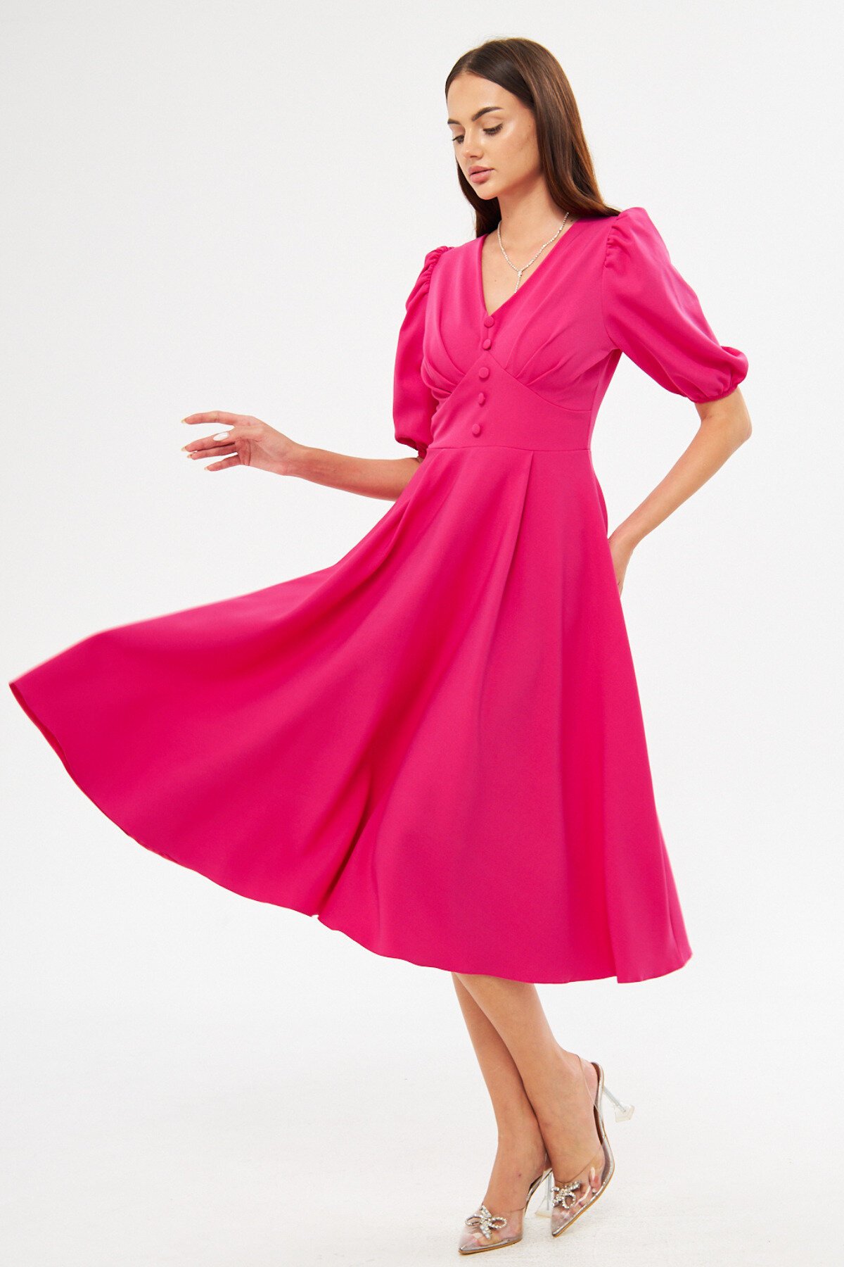 Midi V-Neck Balloon Sleeve Woven Corset Belt Detail Dress - Fuchsia - Bidoluelbise