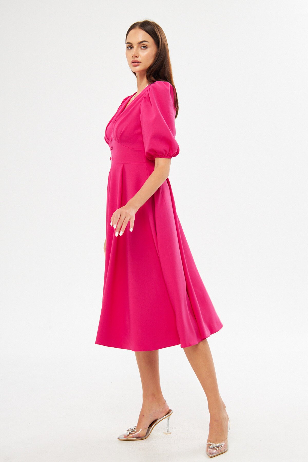 Midi V-Neck Balloon Sleeve Woven Corset Belt Detail Dress - Fuchsia - Bidoluelbise