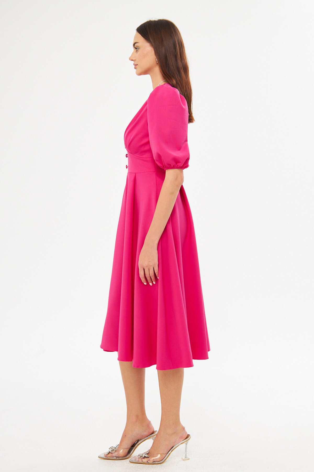Midi V-Neck Balloon Sleeve Woven Corset Belt Detail Dress - Fuchsia - Bidoluelbise