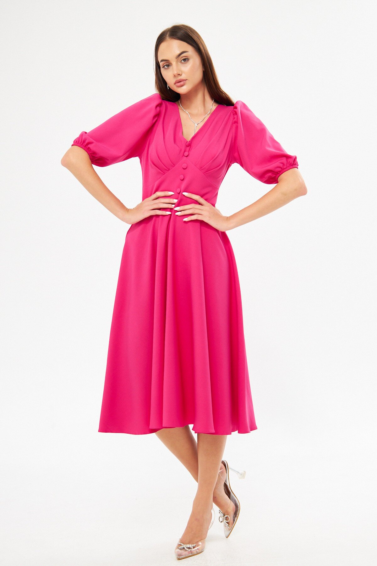 Midi V-Neck Balloon Sleeve Woven Corset Belt Detail Dress - Fuchsia - Bidoluelbise