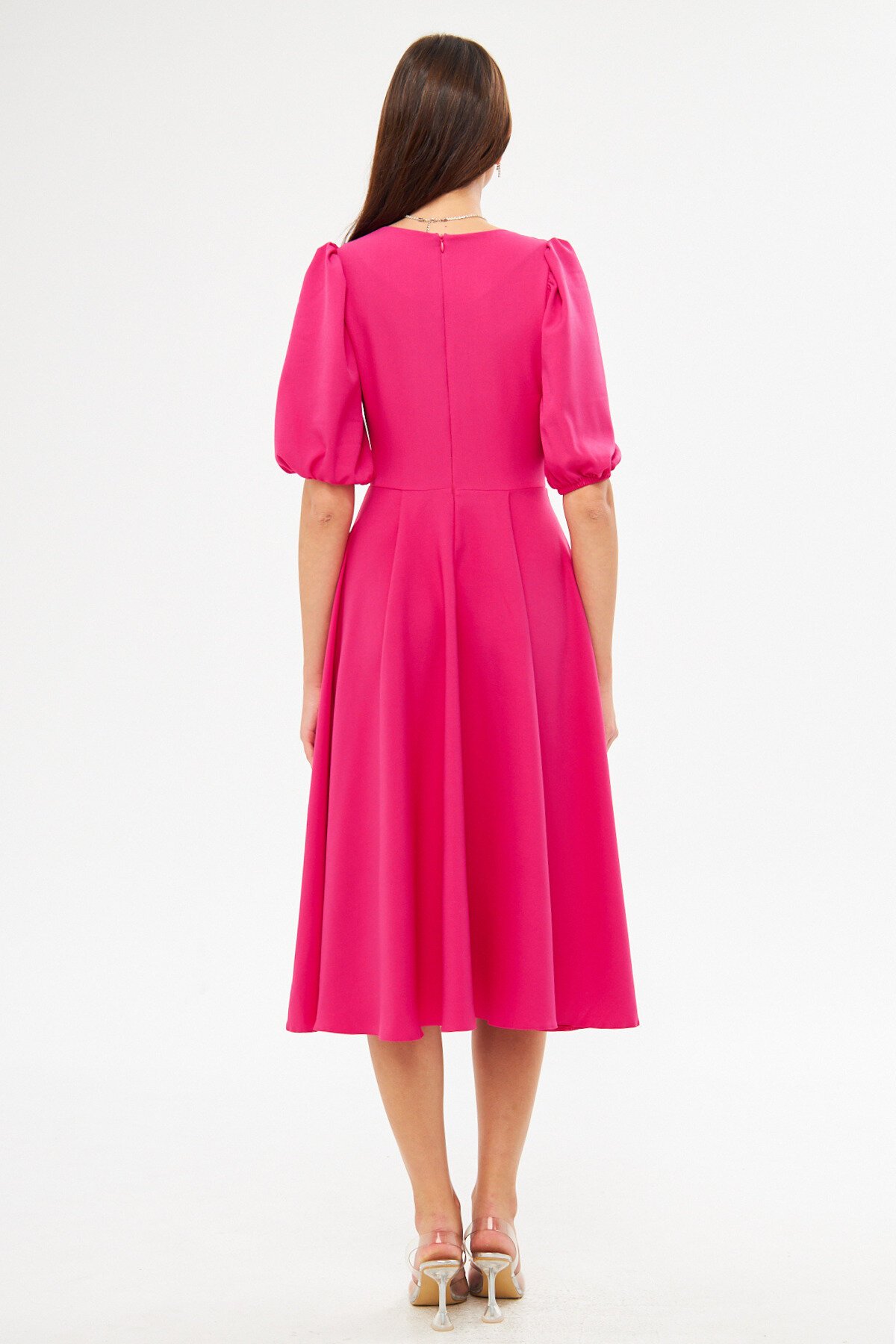 Midi V-Neck Balloon Sleeve Woven Corset Belt Detail Dress - Fuchsia - Bidoluelbise