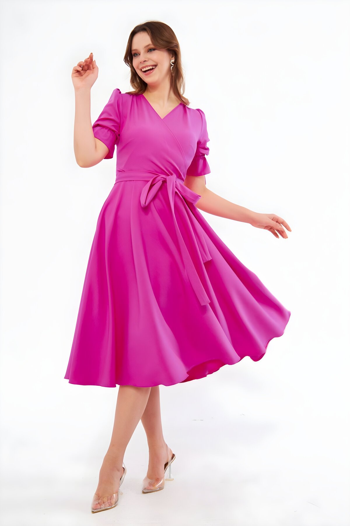 Midi Wrap Neck Ruched Belted Short Sleeve Dress - Fuchsia - Bidoluelbise