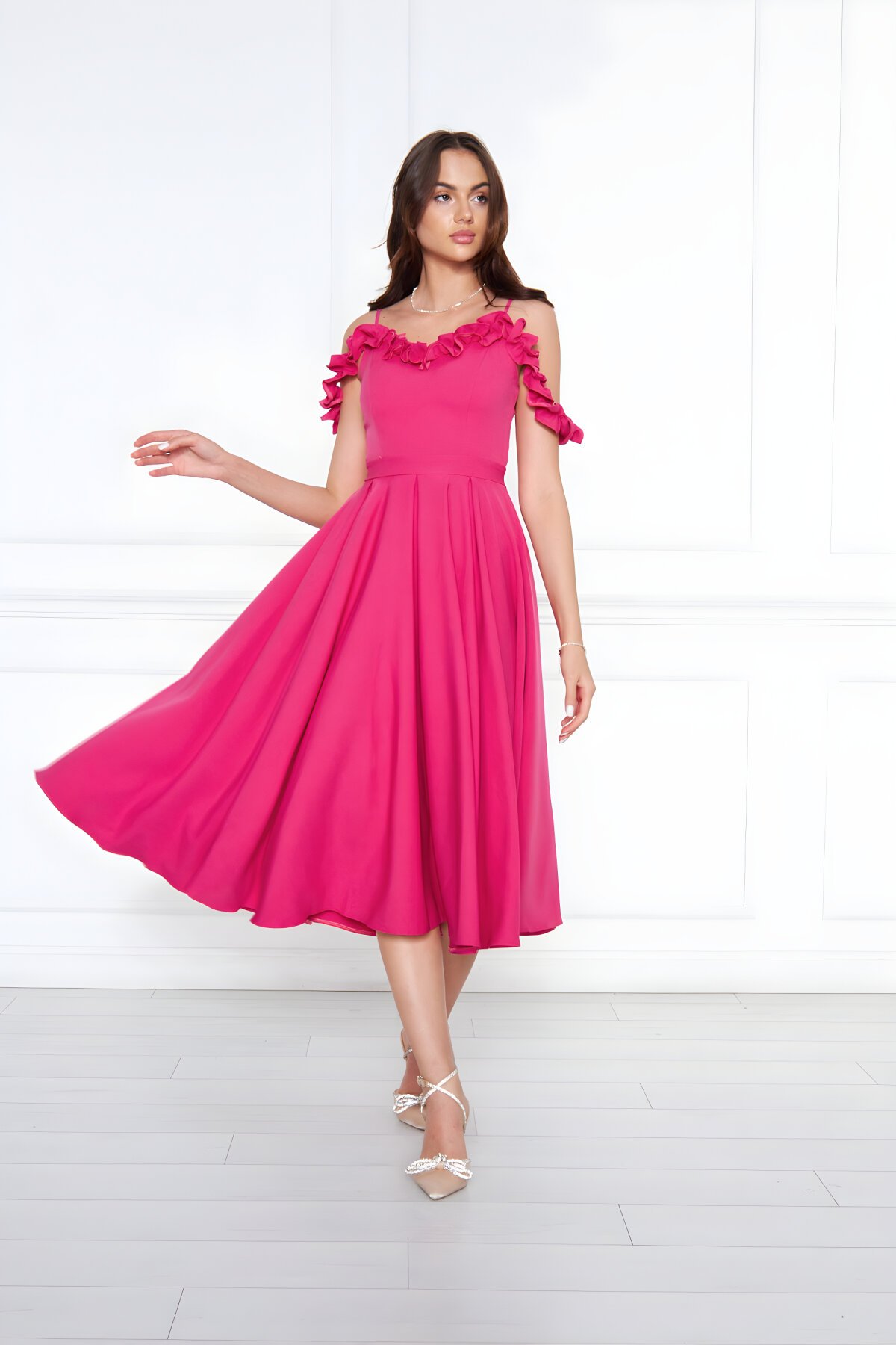 Midi Flared Pleated Adjustable-Strap Evening Dress - Fuchsia - Bidoluelbise
