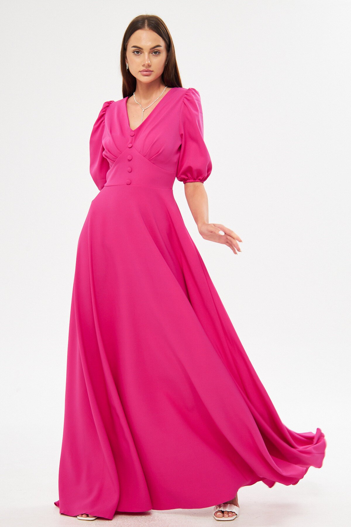 Fuşya Uzun Balon Kol V Yaka Korsaj Kemer Detay Abiye Elbise - Bidoluelbise