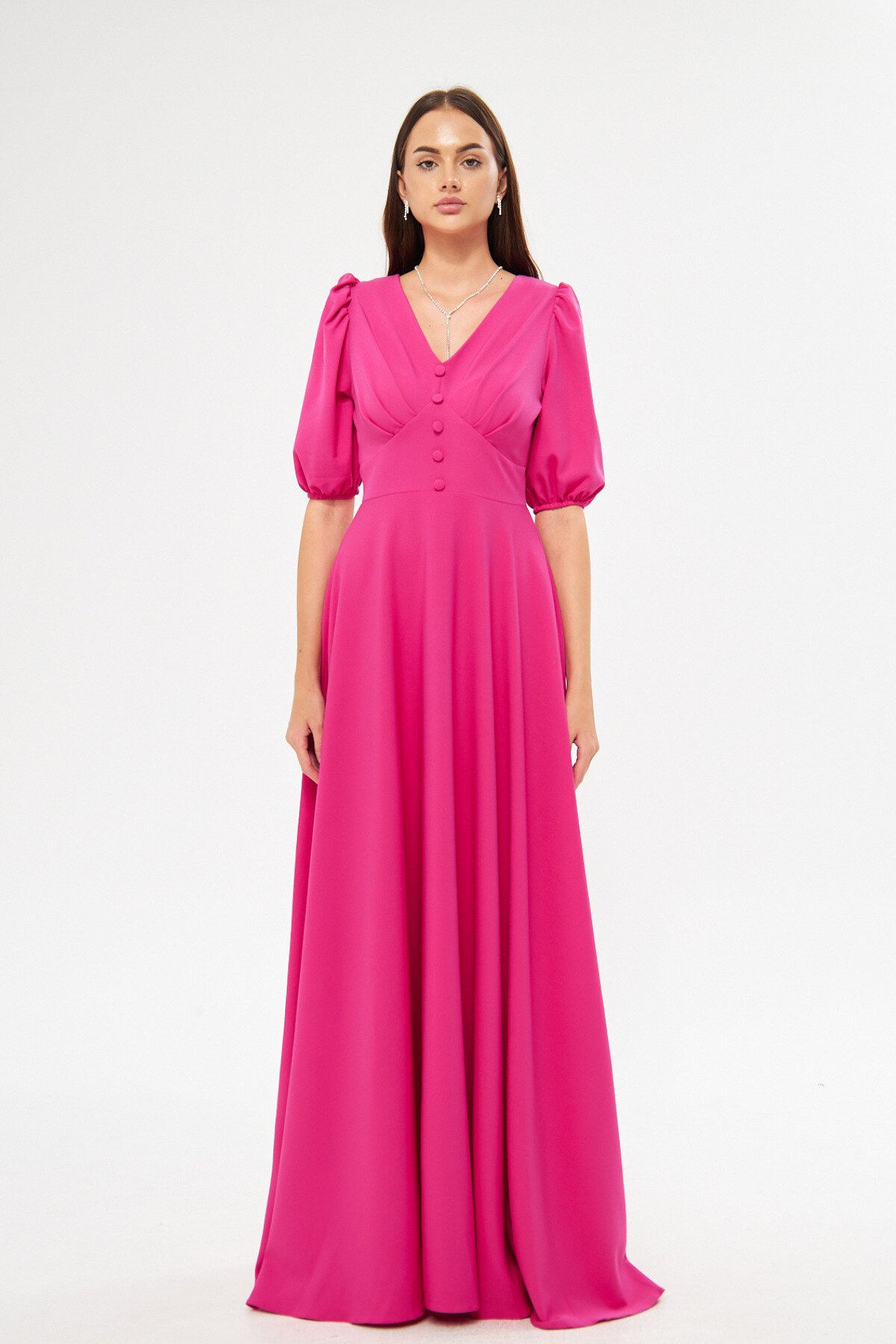 Long Balloon Sleeve V-Neck Corset Belt Detail Evening Dress - Fuchsia - Bidoluelbise