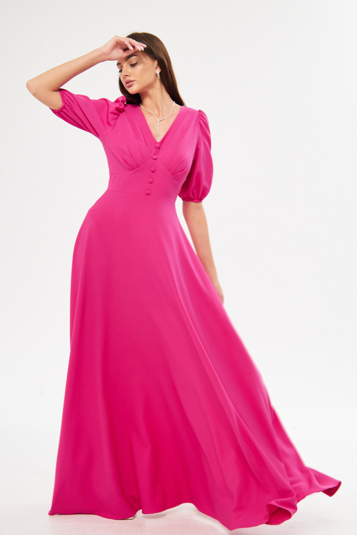 Long Balloon Sleeve V-Neck Corset Belt Detail Evening Dress - Fuchsia - Bidoluelbise