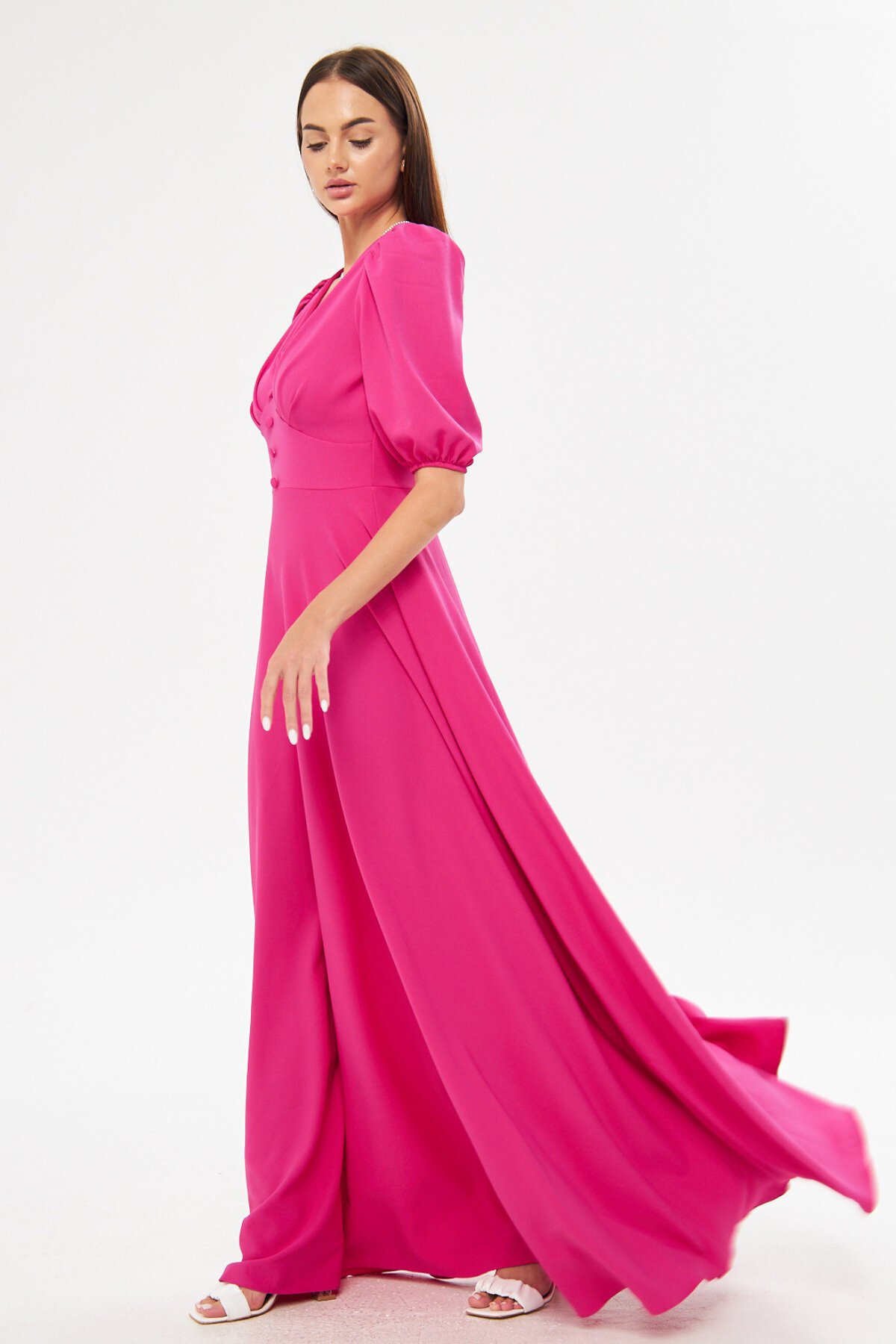 Long Balloon Sleeve V-Neck Corset Belt Detail Evening Dress - Fuchsia - Bidoluelbise