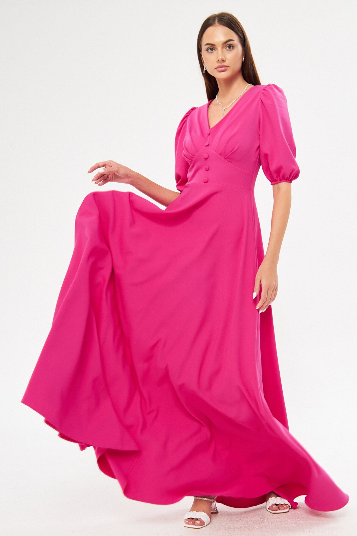 Long Balloon Sleeve V-Neck Corset Belt Detail Evening Dress - Fuchsia - Bidoluelbise
