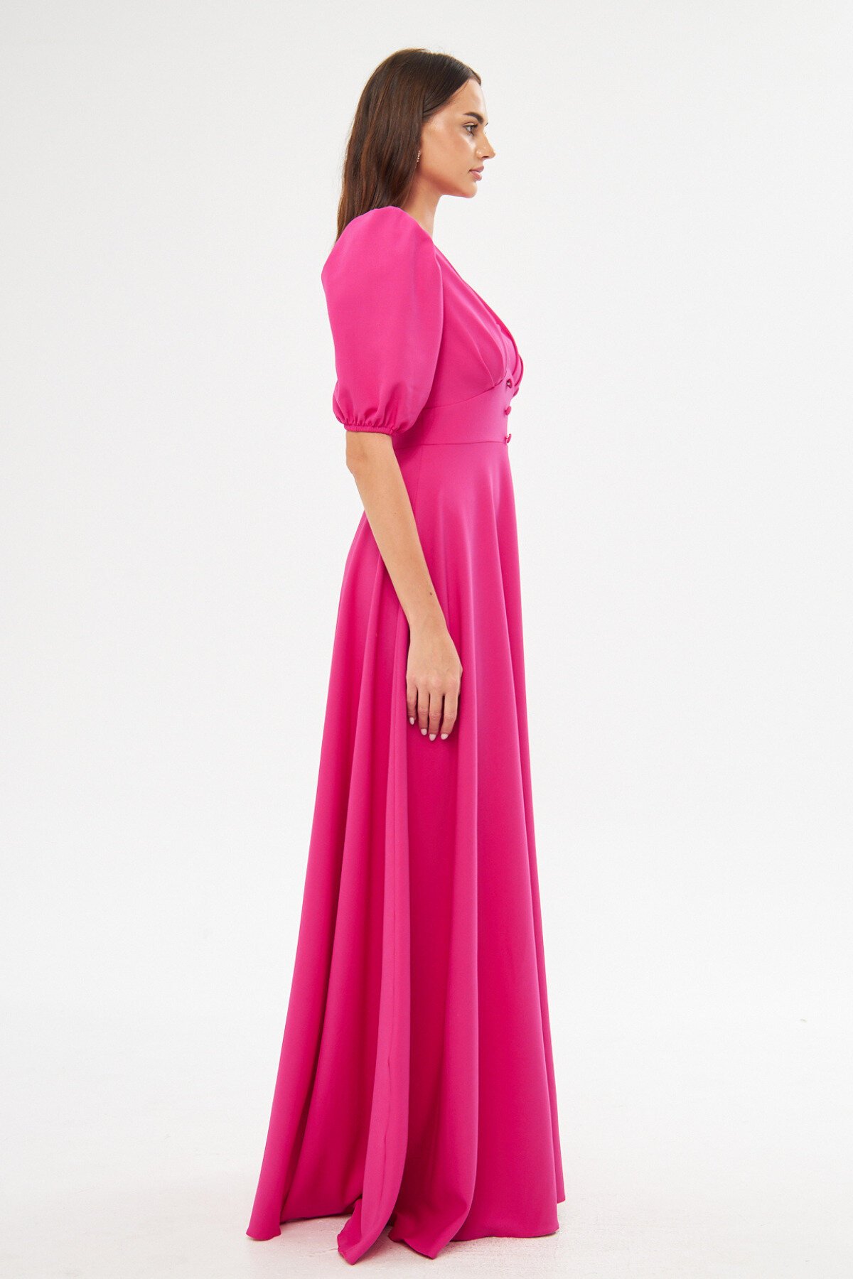 Long Balloon Sleeve V-Neck Corset Belt Detail Evening Dress - Fuchsia - Bidoluelbise