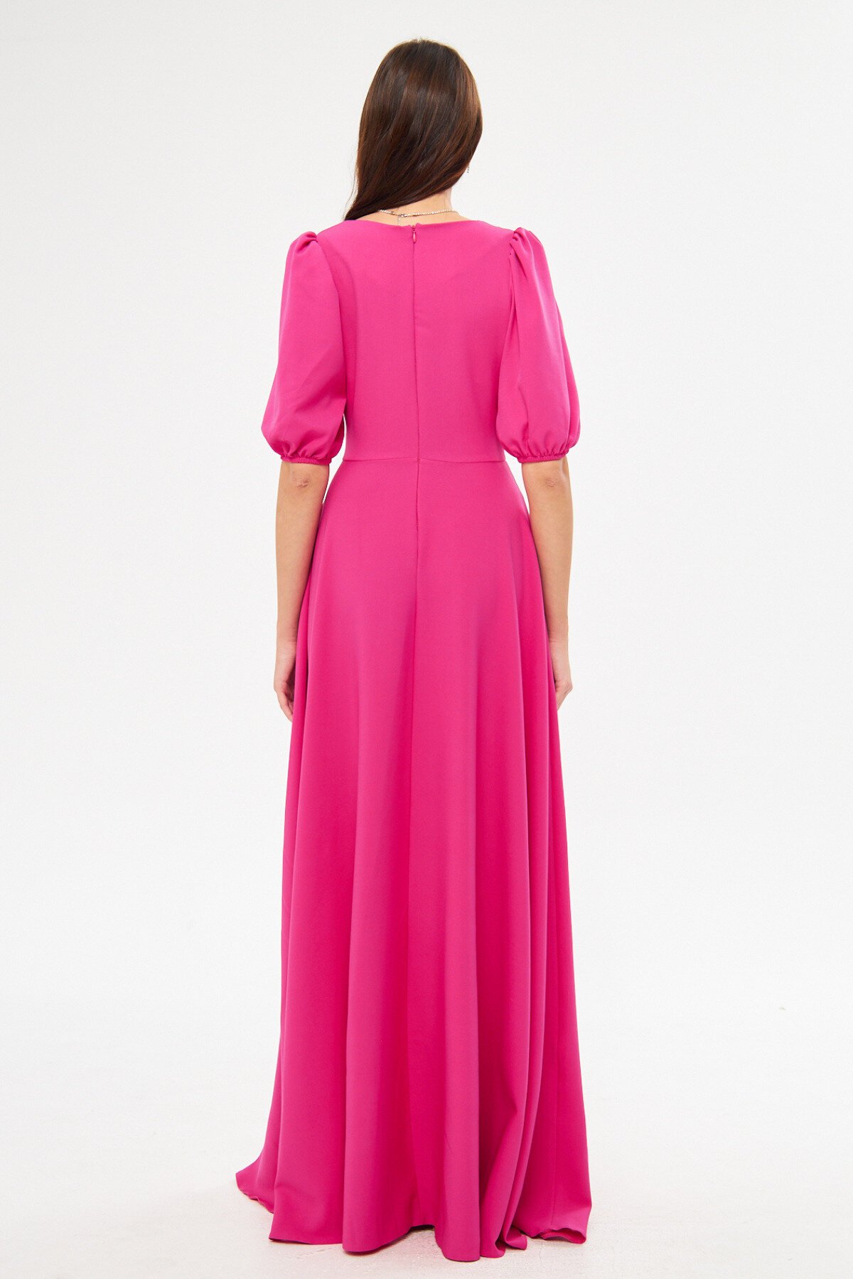 Long Balloon Sleeve V-Neck Corset Belt Detail Evening Dress - Fuchsia - Bidoluelbise
