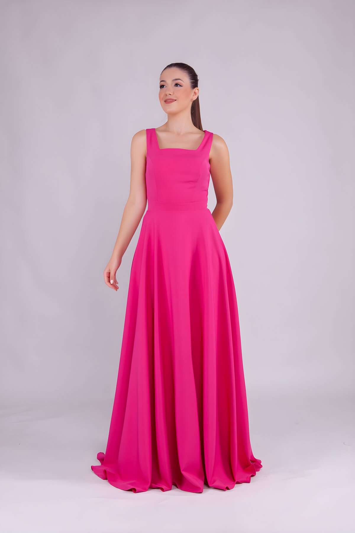 Long Square Neck Evening Dress - Fuchsia - Bidoluelbise
