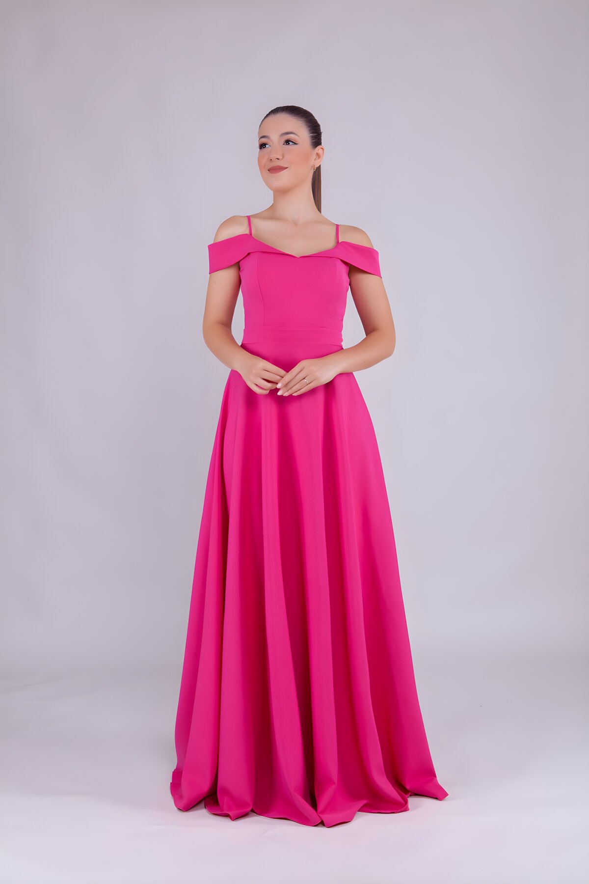 Long Strapped Shoulder Detail Evening Dress - Fuchsia - Bidoluelbise