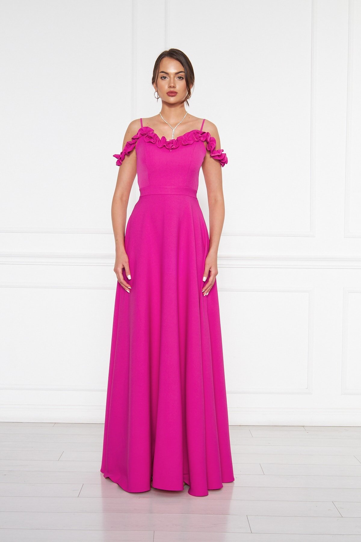 Long Strapless Flared Ruffle-Detail Evening Dress - Fuchsia - Bidoluelbise
