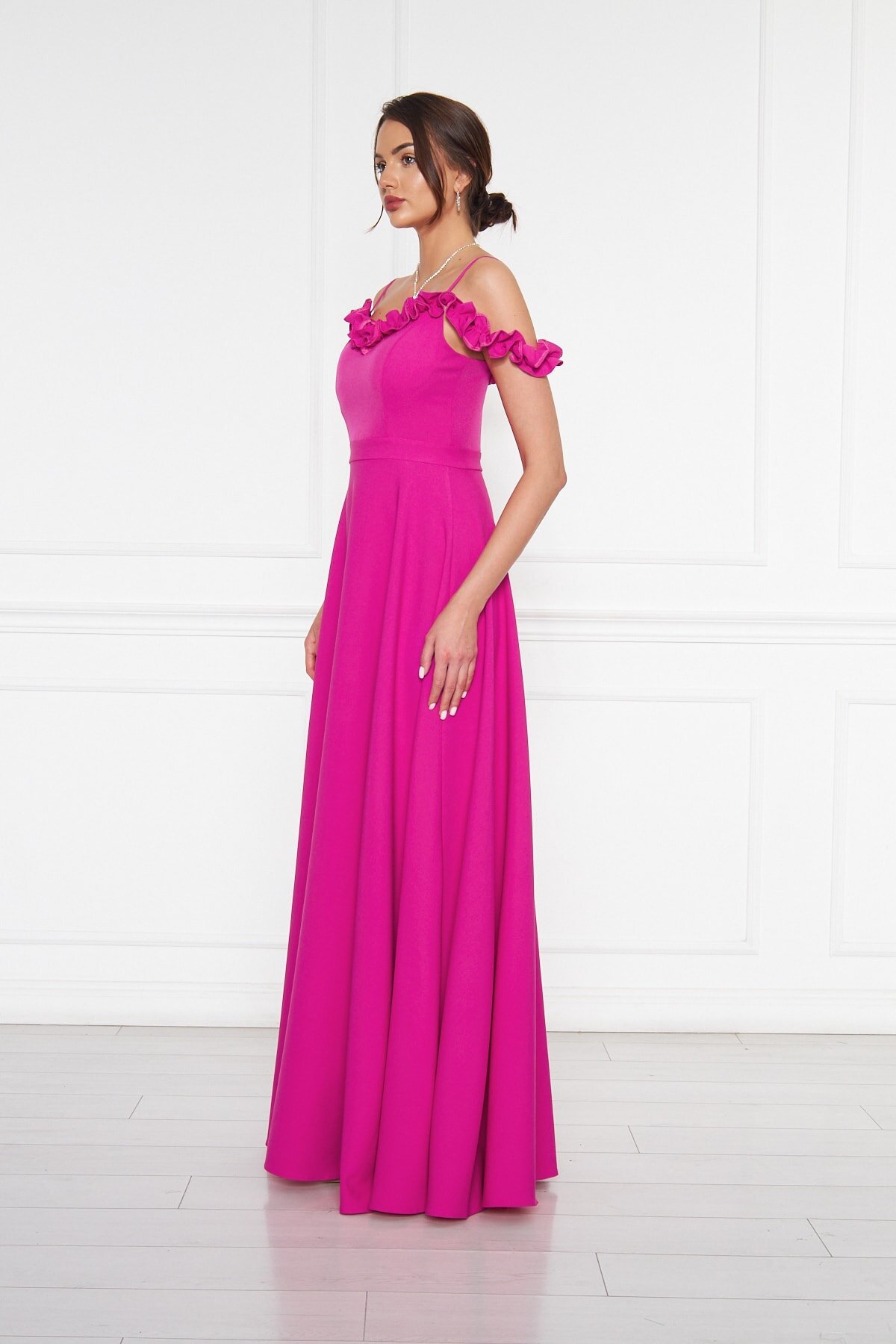 Long Strapless Flared Ruffle-Detail Evening Dress - Fuchsia - Bidoluelbise