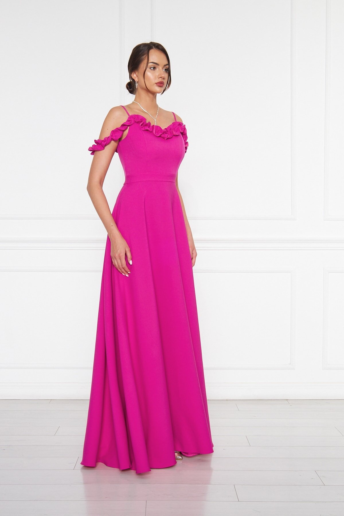 Long Strapless Flared Ruffle-Detail Evening Dress - Fuchsia - Bidoluelbise