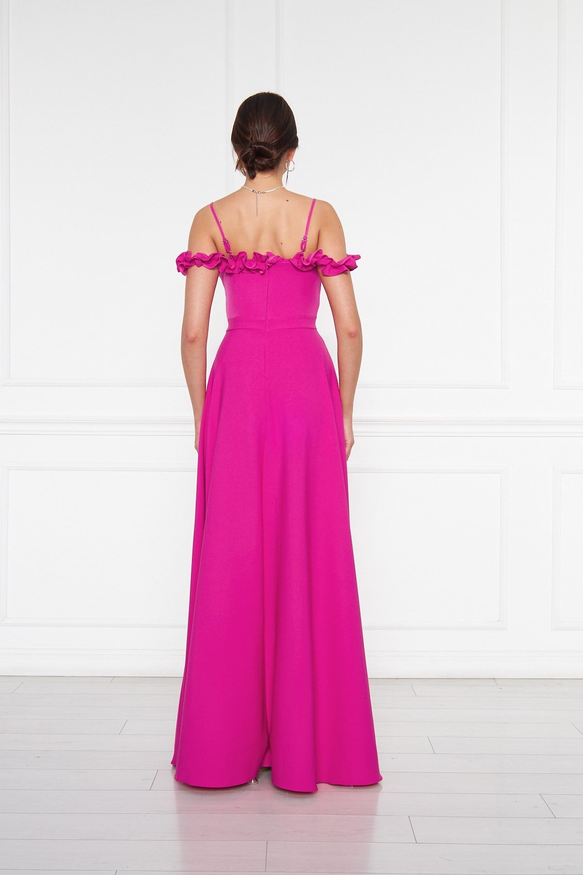 Long Strapless Flared Ruffle-Detail Evening Dress - Fuchsia - Bidoluelbise