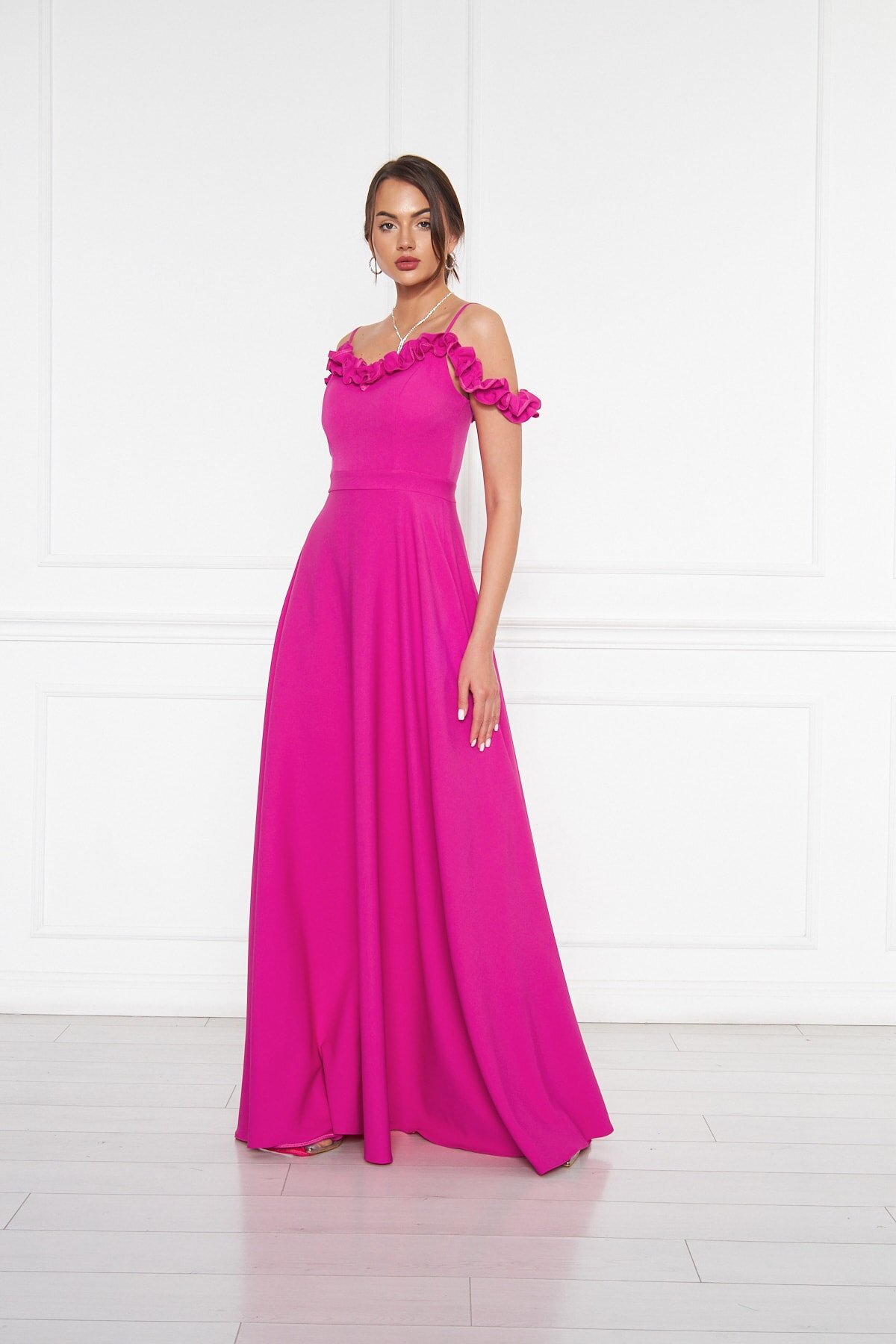 Long Strapless Flared Ruffle-Detail Evening Dress - Fuchsia - Bidoluelbise