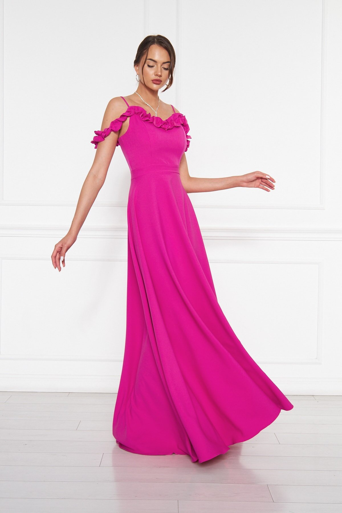Long Strapless Flared Ruffle-Detail Evening Dress - Fuchsia - Bidoluelbise