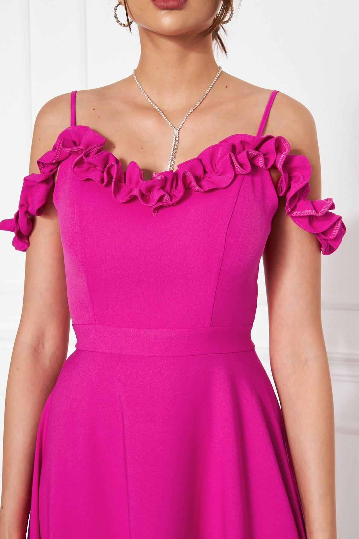 Long Strapless Flared Ruffle-Detail Evening Dress - Fuchsia - Bidoluelbise