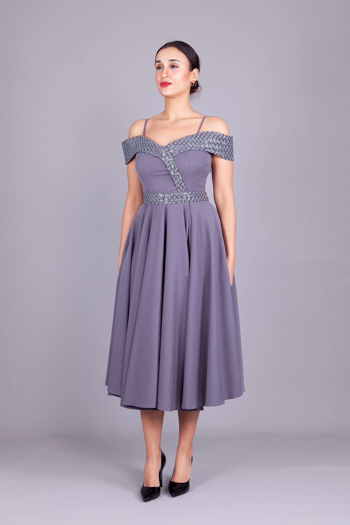 Midi Flared Checked Strappy Sequin Detail Off-Shoulder Evening Dress - Grey - Bidoluelbise