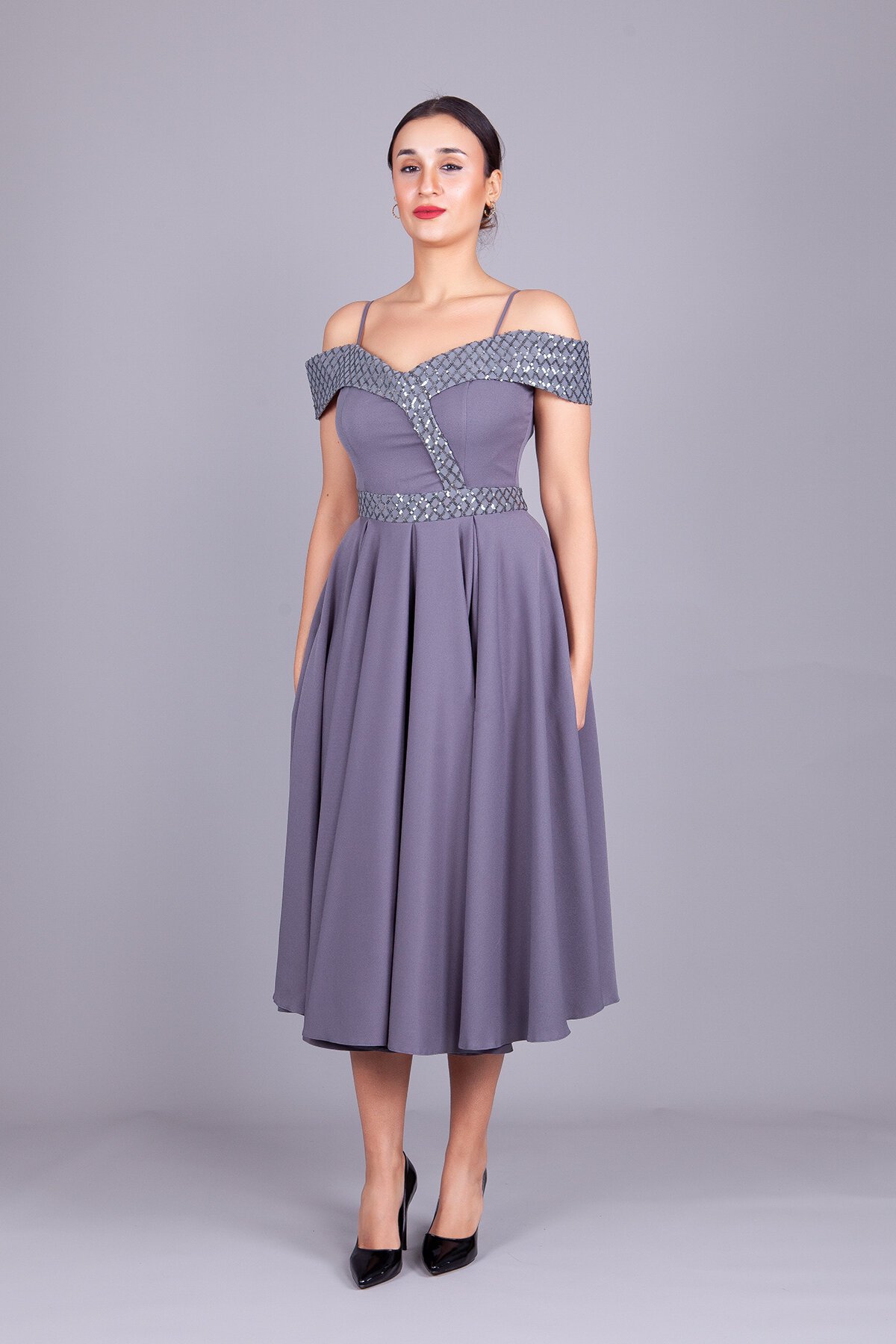 Midi Flared Checked Strappy Sequin Detail Off-Shoulder Evening Dress - Grey - Bidoluelbise