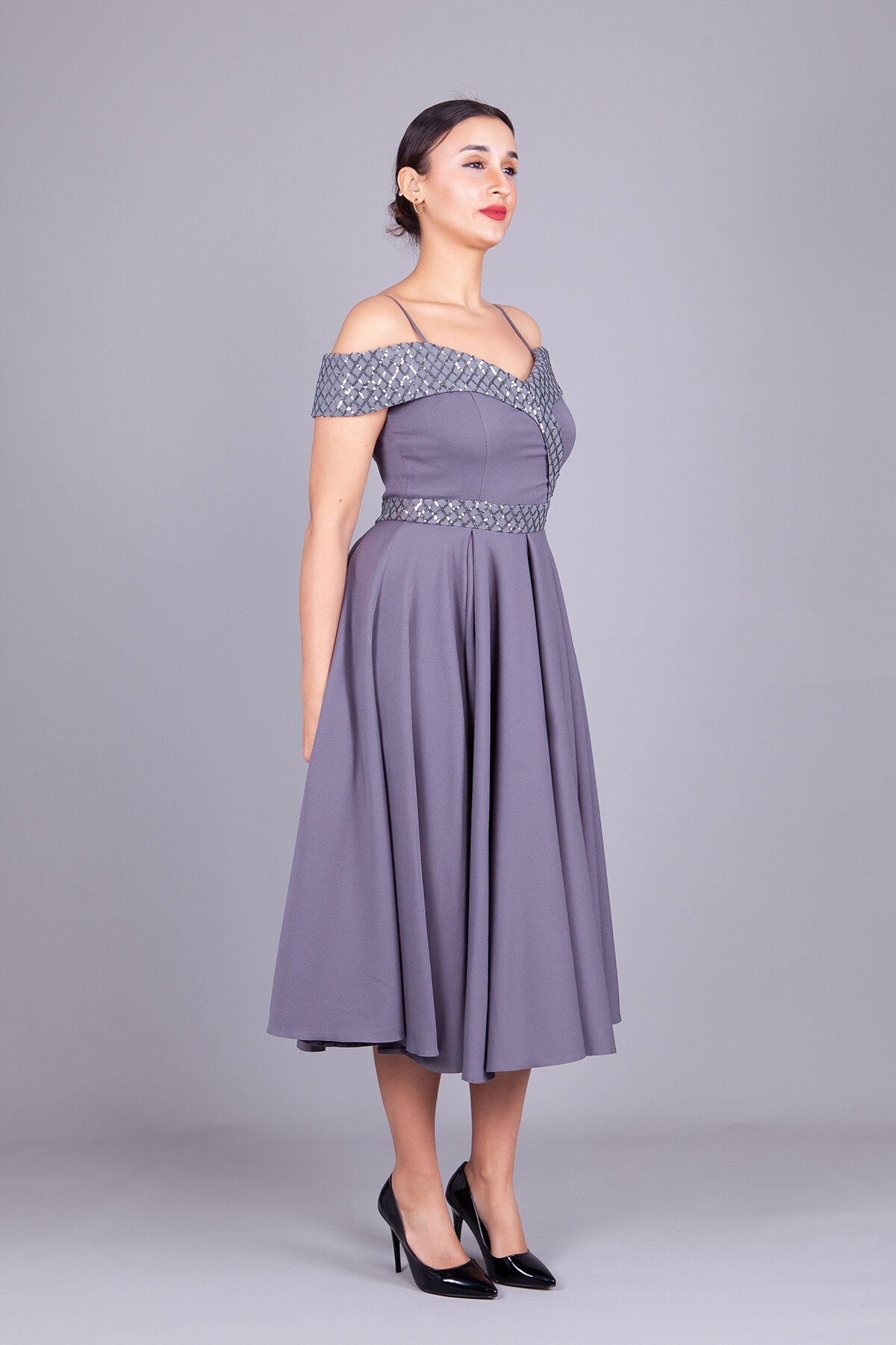 Midi Flared Checked Strappy Sequin Detail Off-Shoulder Evening Dress - Grey - Bidoluelbise
