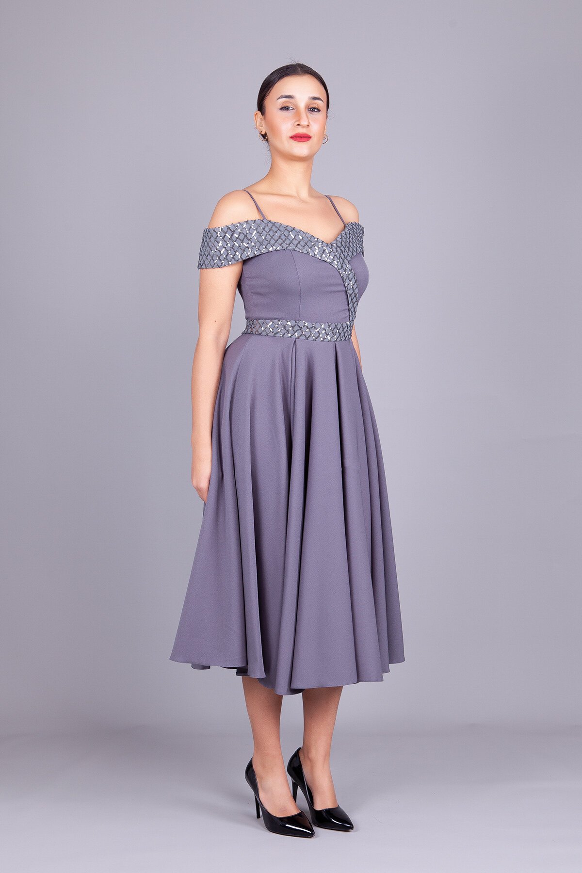 Midi Flared Checked Strappy Sequin Detail Off-Shoulder Evening Dress - Grey - Bidoluelbise