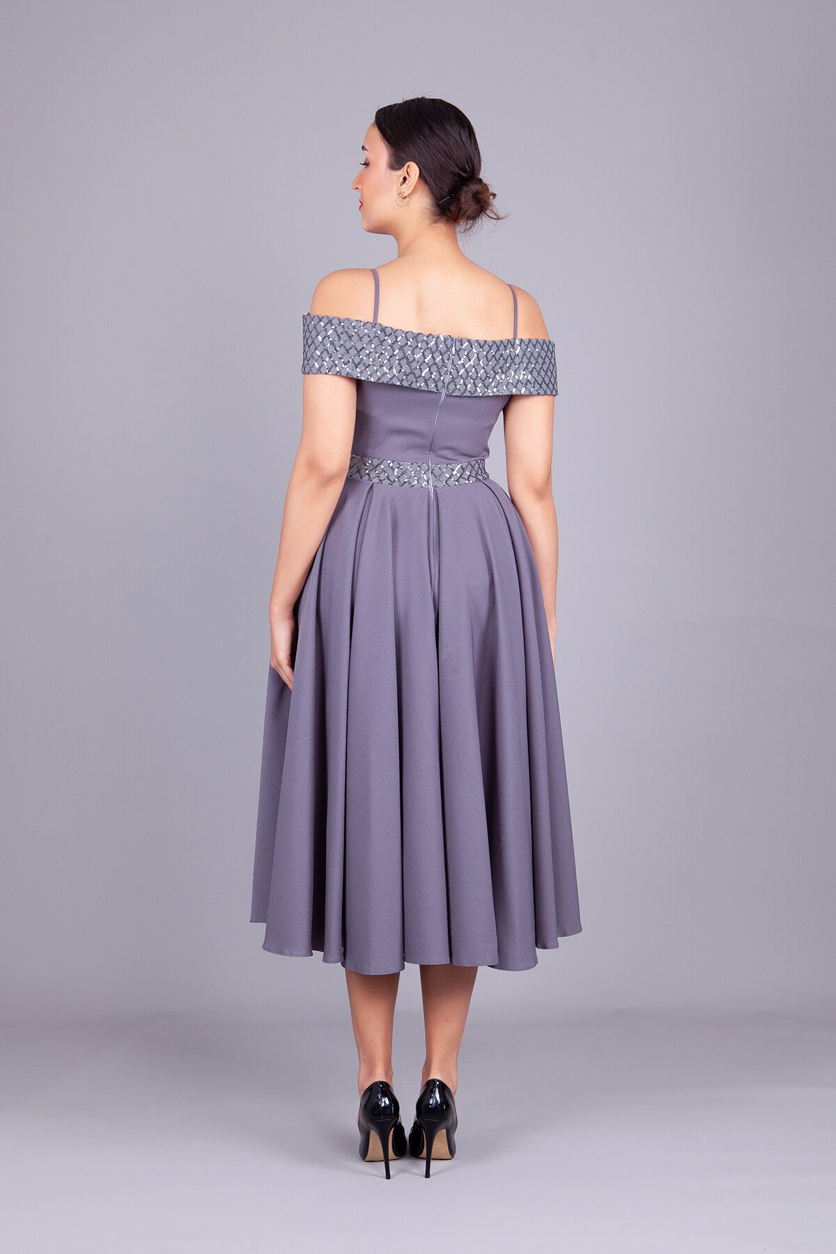 Midi Flared Checked Strappy Sequin Detail Off-Shoulder Evening Dress - Grey - Bidoluelbise