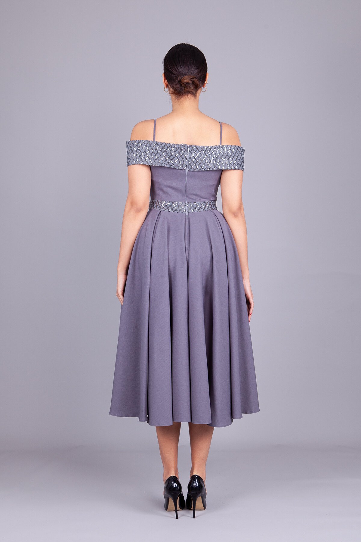 Midi Flared Checked Strappy Sequin Detail Off-Shoulder Evening Dress - Grey - Bidoluelbise