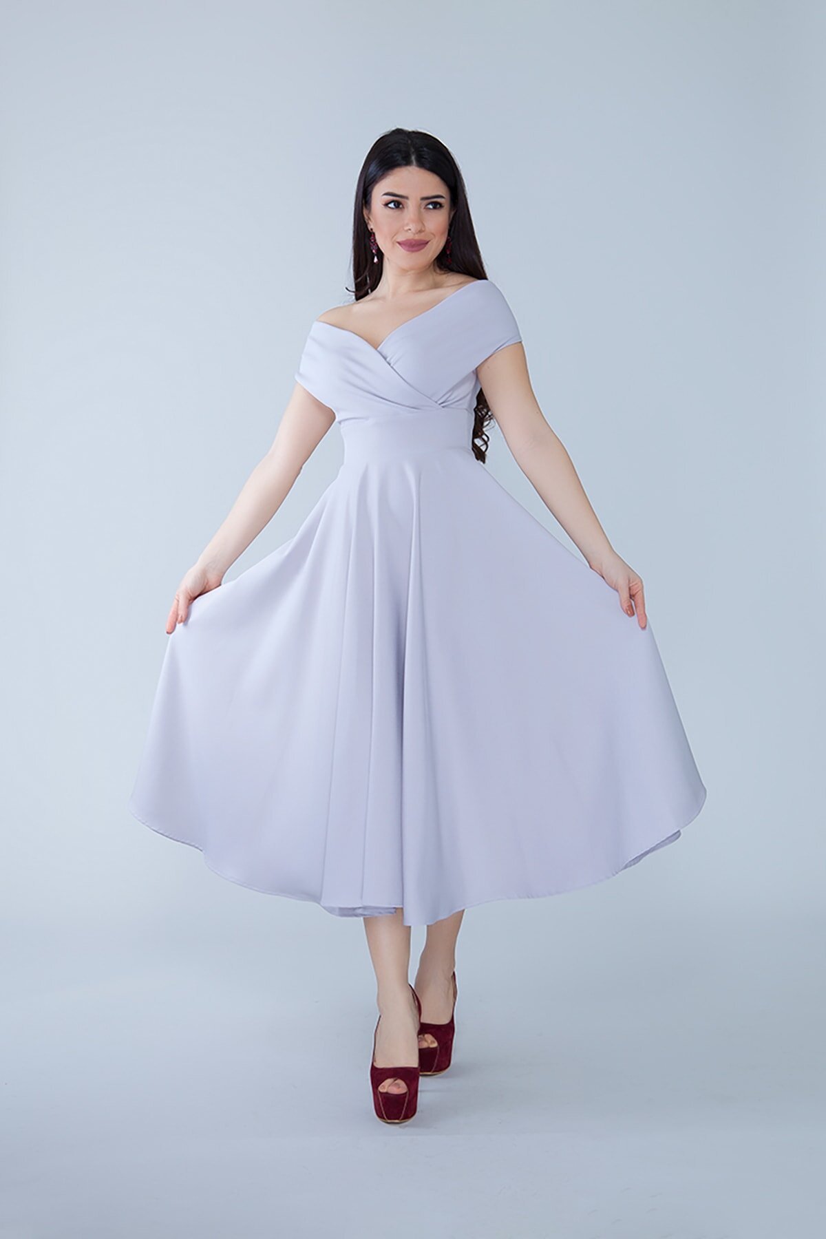 Midi Flared Drapey Woven Boat Neck Evening Dress - Gray - Bidoluelbise