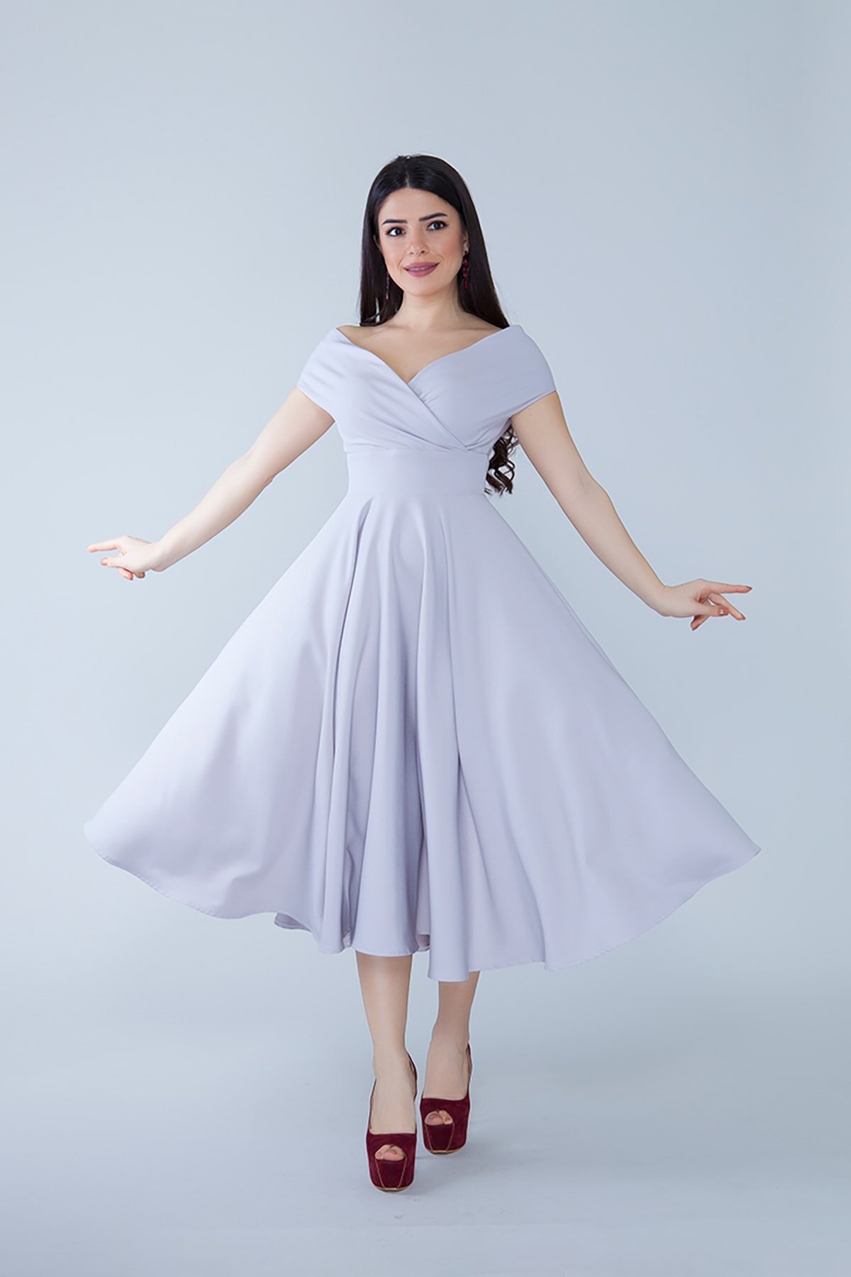 Midi Flared Drapey Woven Boat Neck Evening Dress - Gray - Bidoluelbise