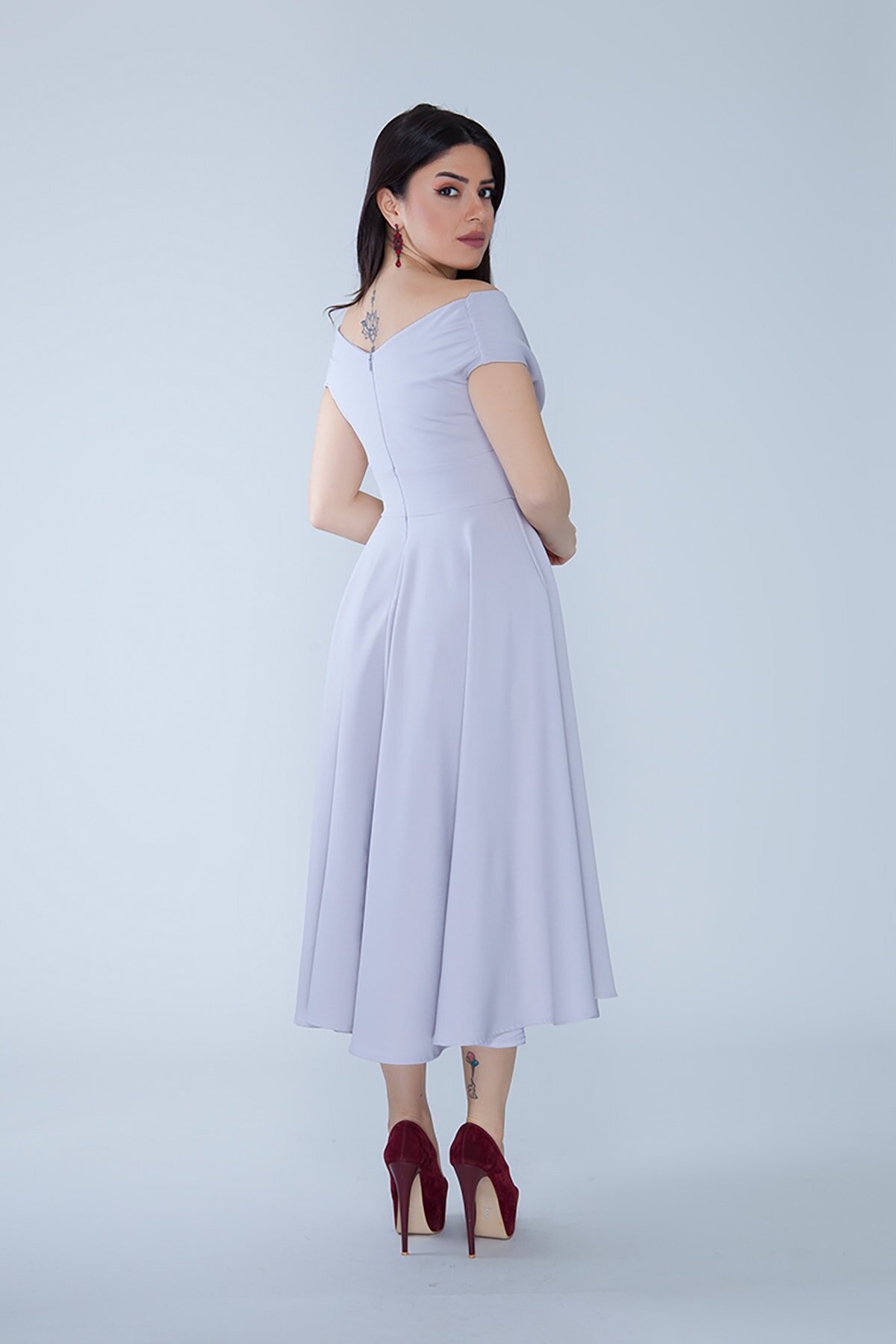 Midi Flared Drapey Woven Boat Neck Evening Dress - Gray - Bidoluelbise