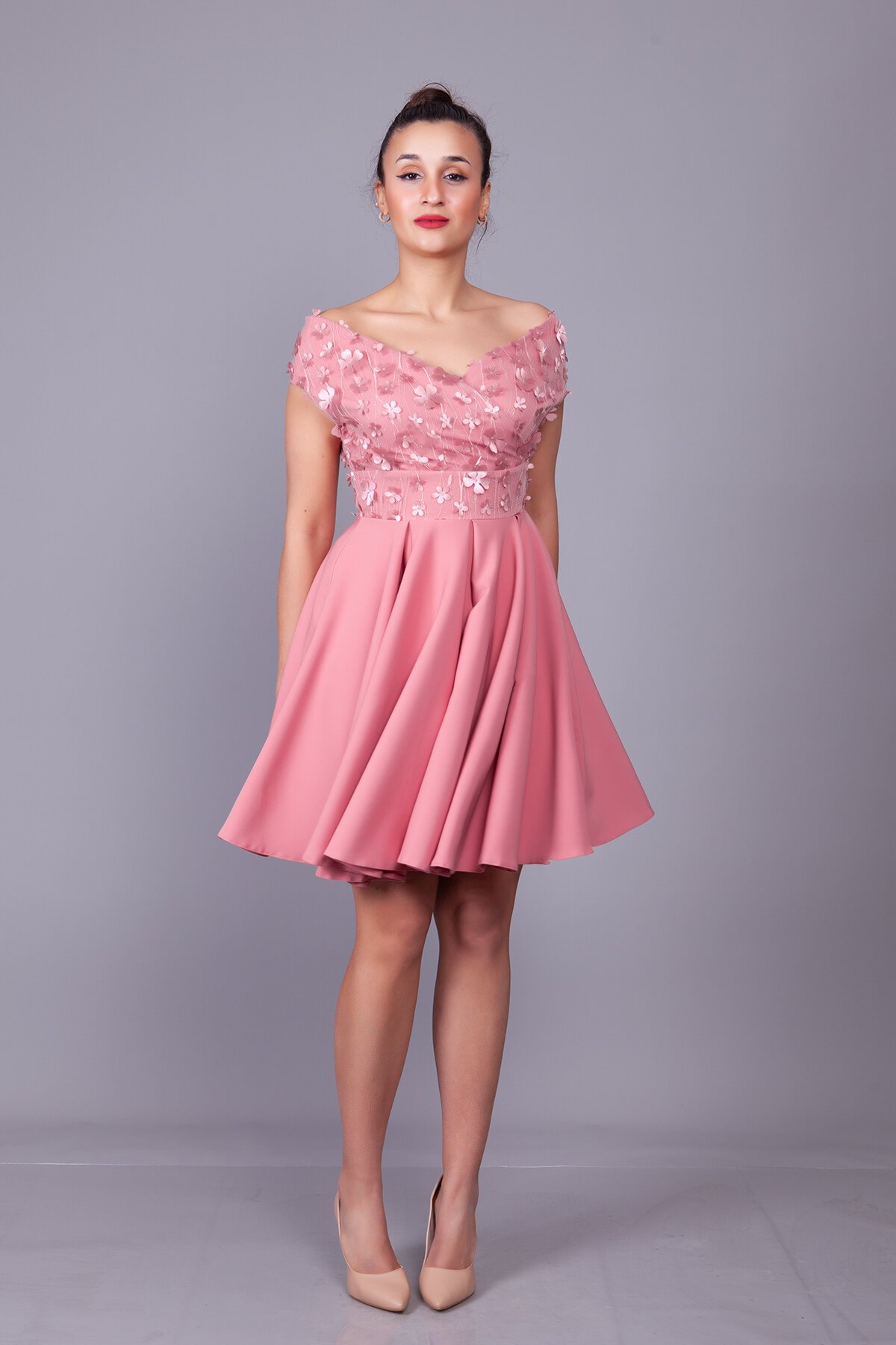 Gül Kurusu Çiçekli Mini Kayık Yaka Tül Detay Abiye Elbise - Bidoluelbise