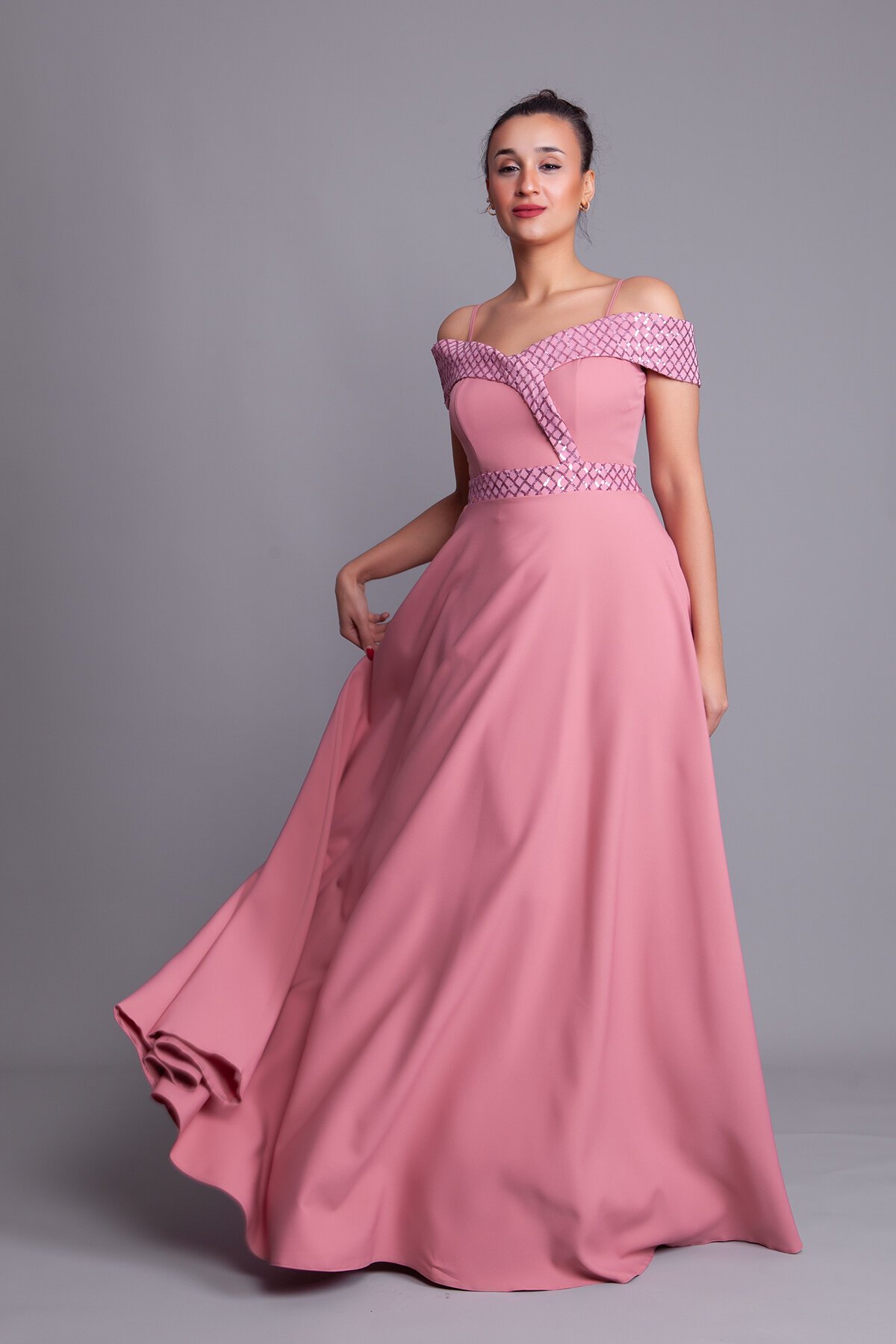 Long Flared Plaid Strappy Off-Shoulder Sequin Evening Dress - Dusty Rose - Bidoluelbise
