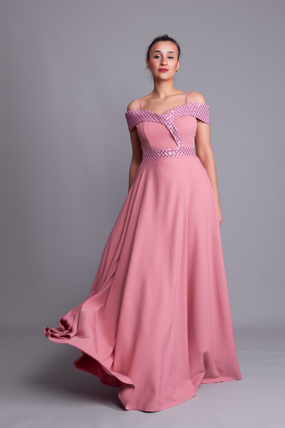 Long Flared Plaid Strappy Off-Shoulder Sequin Evening Dress - Dusty Rose - Bidoluelbise