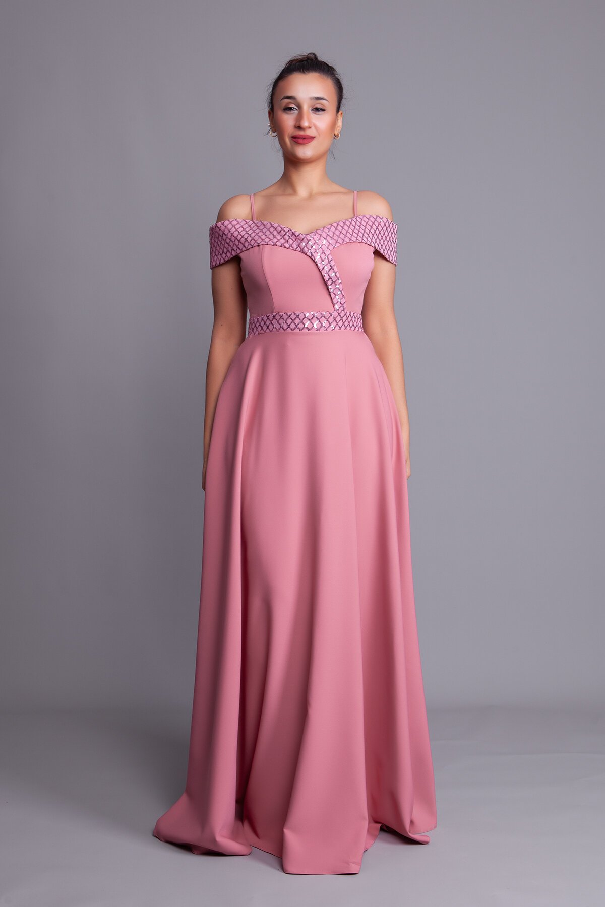 Long Flared Plaid Strappy Off-Shoulder Sequin Evening Dress - Dusty Rose - Bidoluelbise