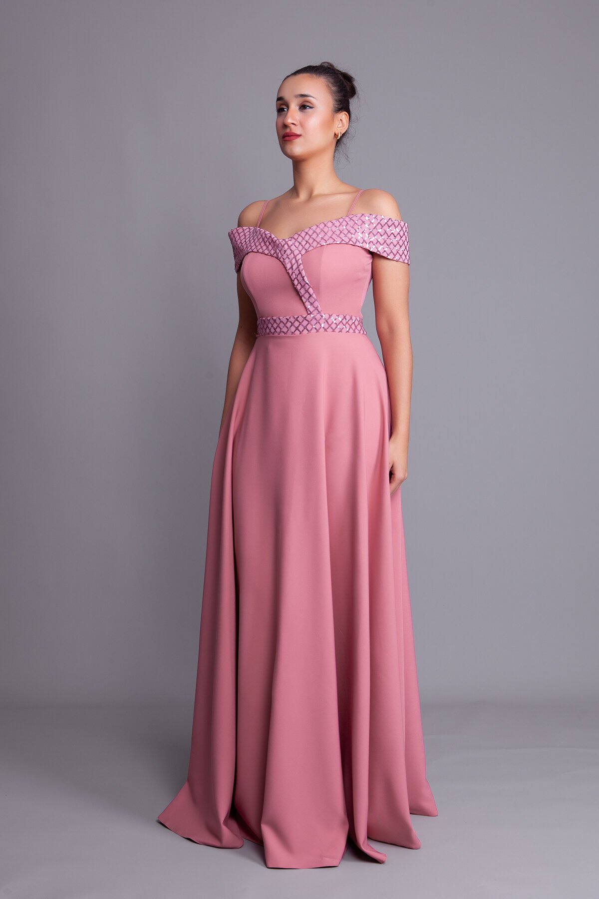 Long Flared Plaid Strappy Off-Shoulder Sequin Evening Dress - Dusty Rose - Bidoluelbise